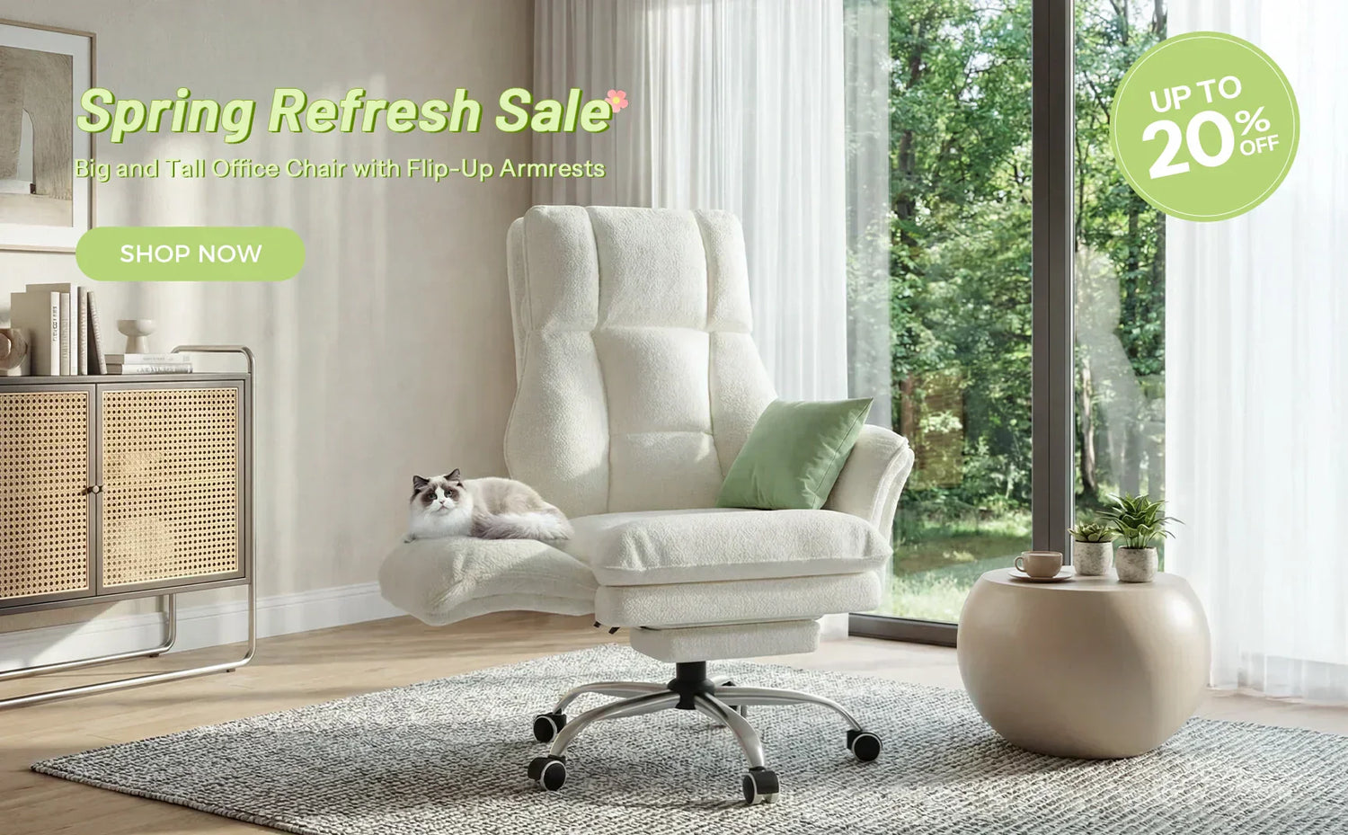 Spring refresh sale promotional banner for a white big and tall office chair with flip-up armrests and a 20 percent off discount.