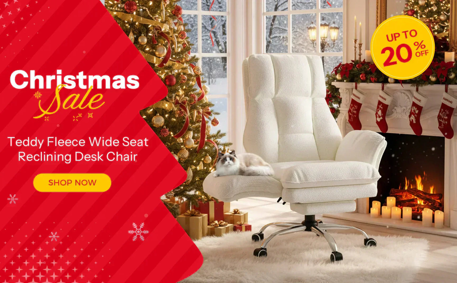 A Christmas sale promotional banner showcasing a cozy white teddy fleece wide reclining desk chair with fully functional mobile wheels and a pet cat, set against a festive holiday tree and fireplace background.