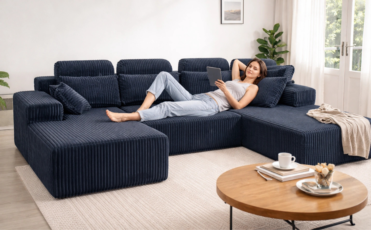 A woman relaxing and using a tablet while lying on a comfortable navy blue U-shaped corduroy sectional couch.