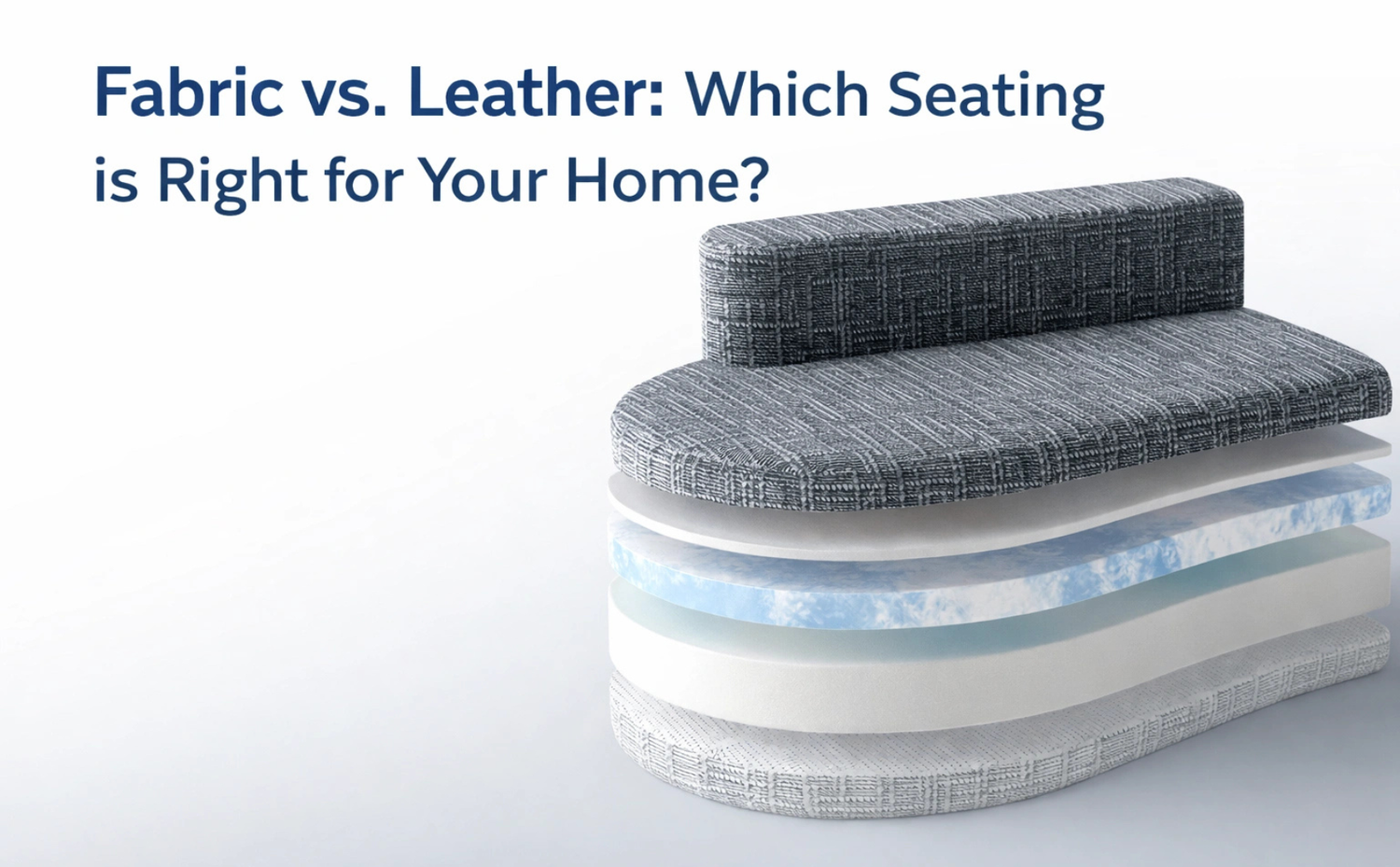An informational infographic comparing fabric vs leather sofa materials with a cross-section diagram of a fabric couch cushion structure.