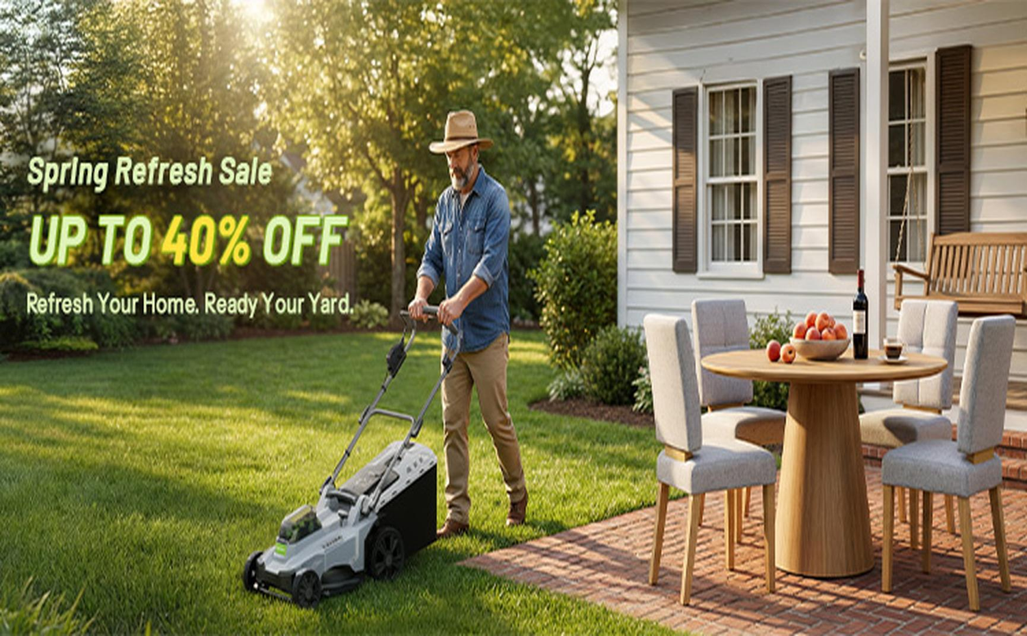 Spring refresh sale promotional banner for a modern electric lawn mower with up to 40 percent off discount offer.