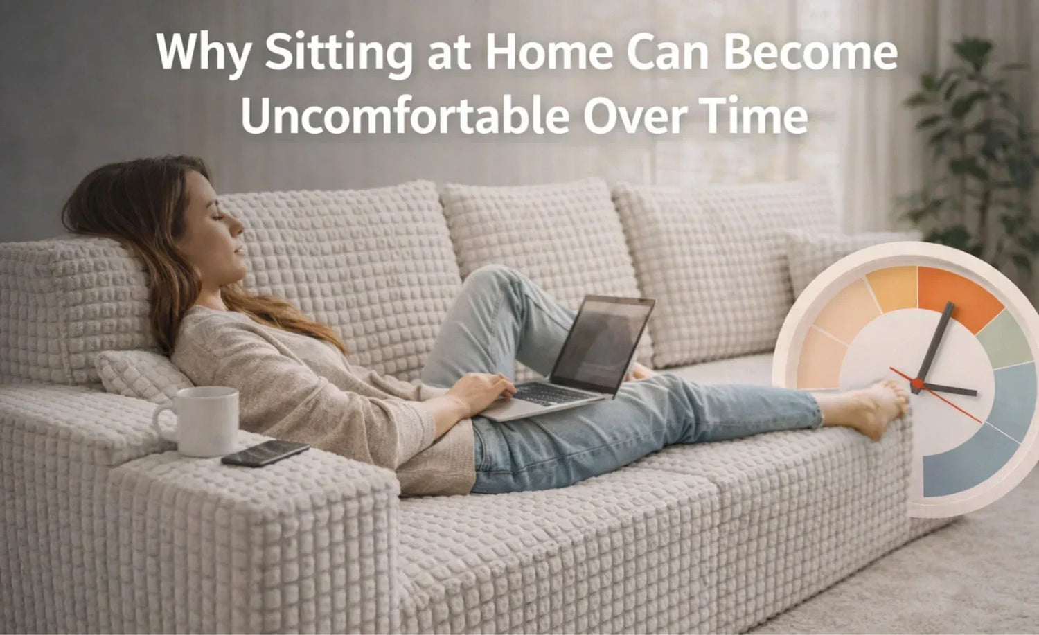 A woman working on her laptop while lying on a comfortable cream waffle fabric couch, with a graphic clock