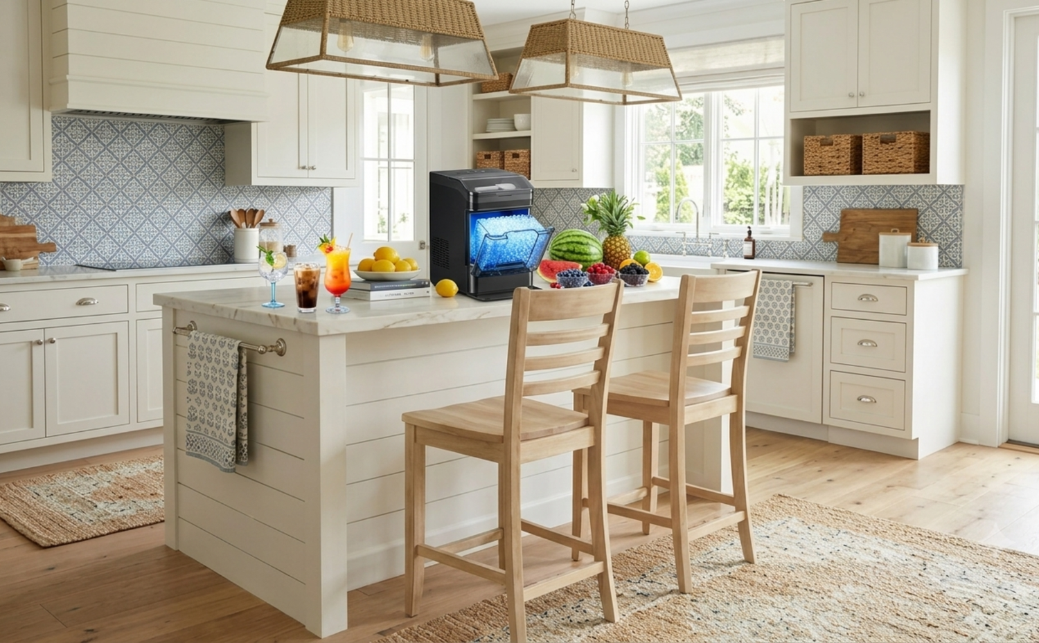 A black countertop ice maker machine producing fresh ice on a white kitchen island next to summer cocktails and fresh fruits.