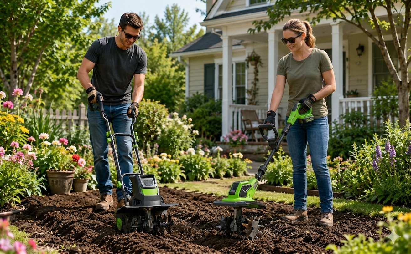 A couple gardening together using a walk-behind garden rototiller and a handheld cordless soil cultivator side by side.