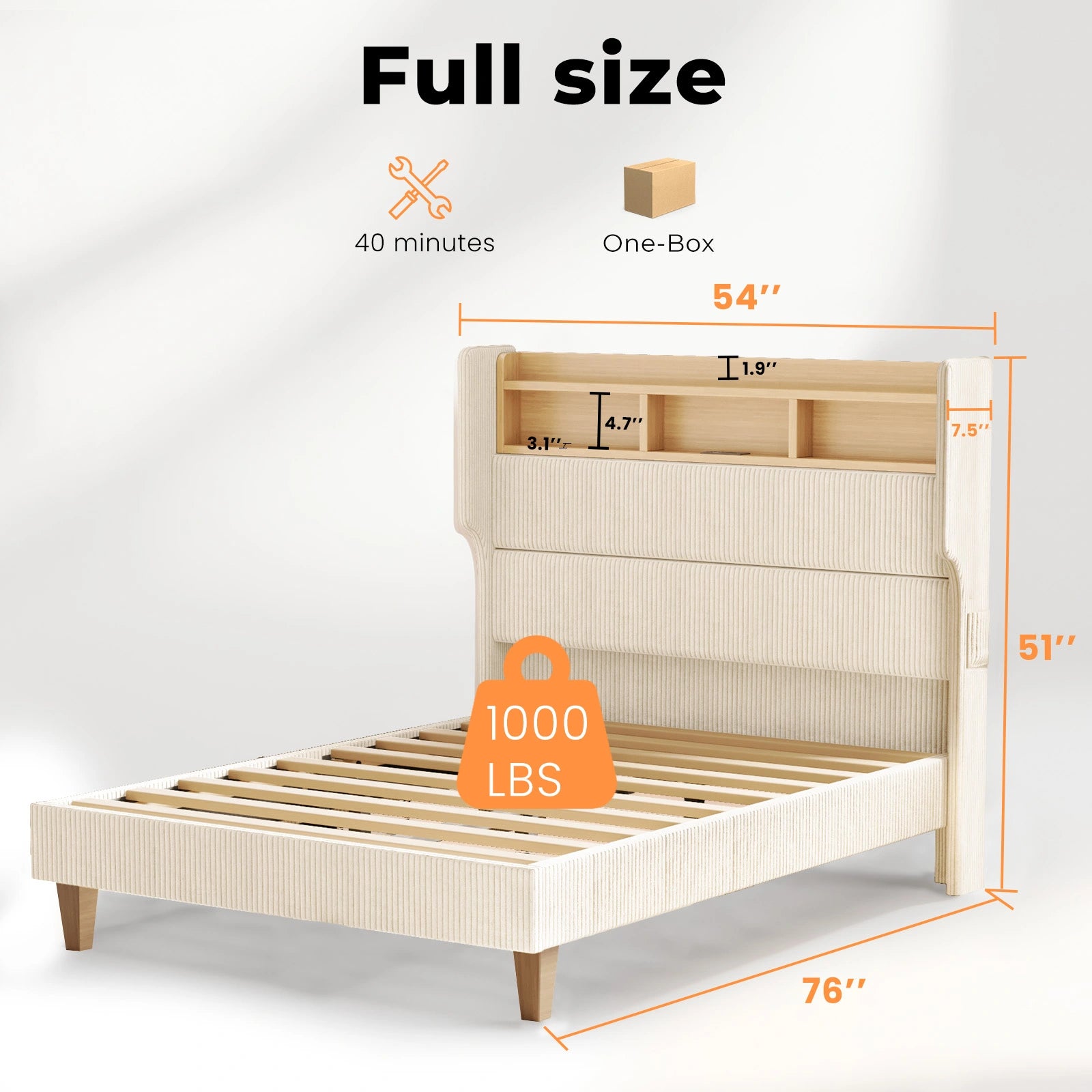 Bed Frame with 51" Tall Headboard and Storage Shelf