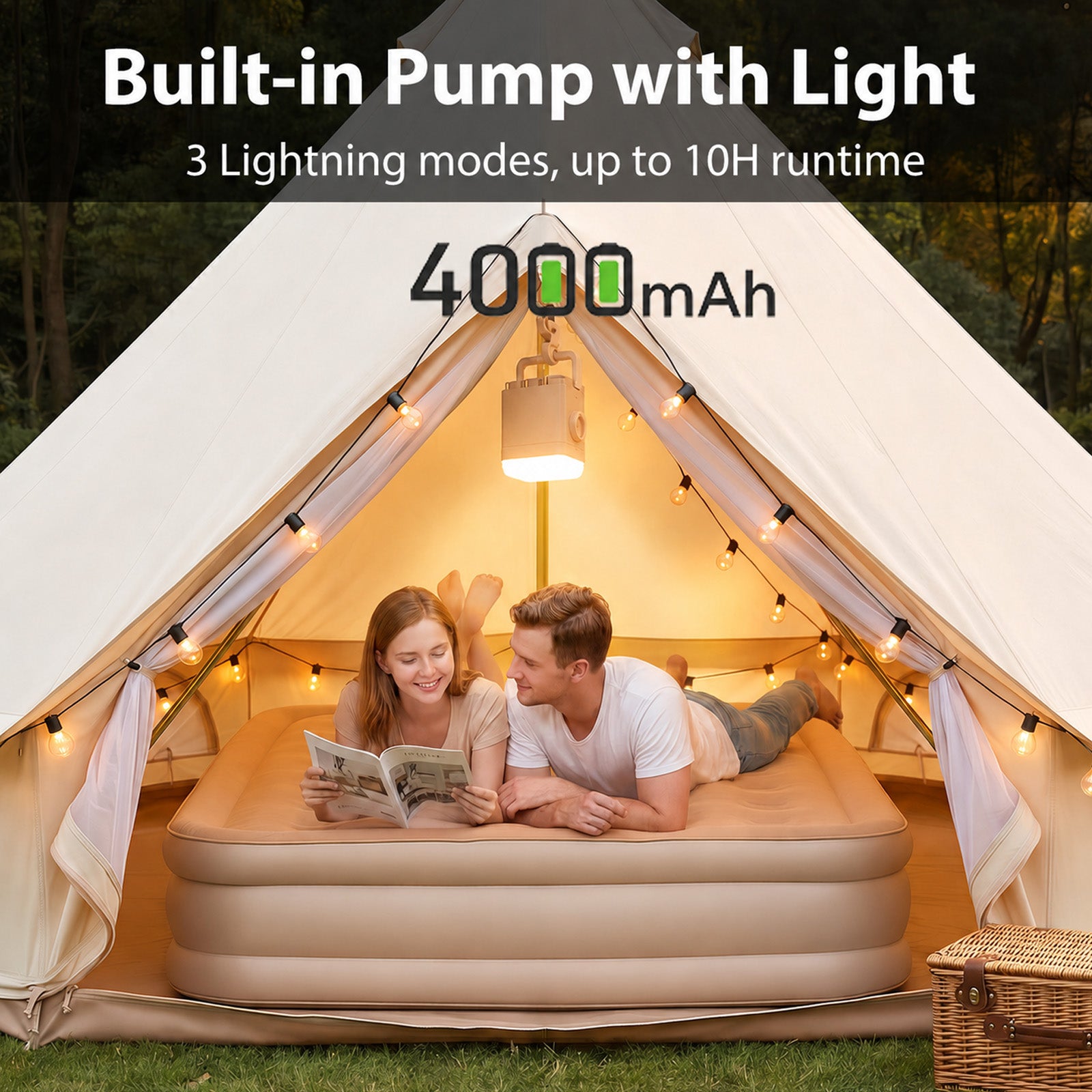 Patbrela 16" Queen Air Mattress with Built-in Pump & Light, 4000mAh Rechargeable Wireless Pump, Up to 10H Light Runtime, Quick Inflation & Deflation, Inflatable Mattress for Camping, Travel & Guests