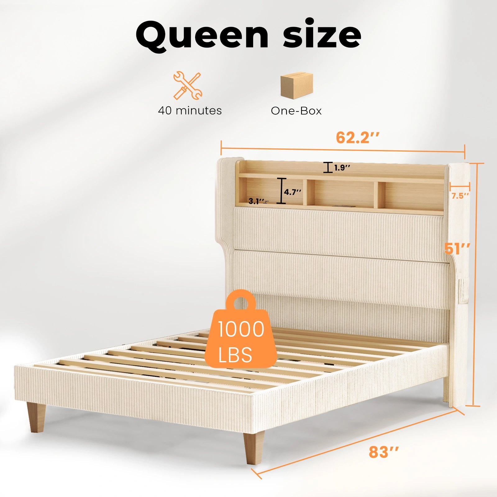 Bed Frame with 51" Tall Headboard and Storage Shelf