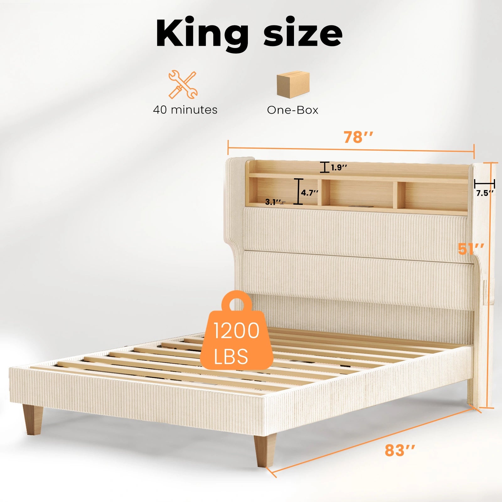 Bed Frame with 51" Tall Headboard and Storage Shelf