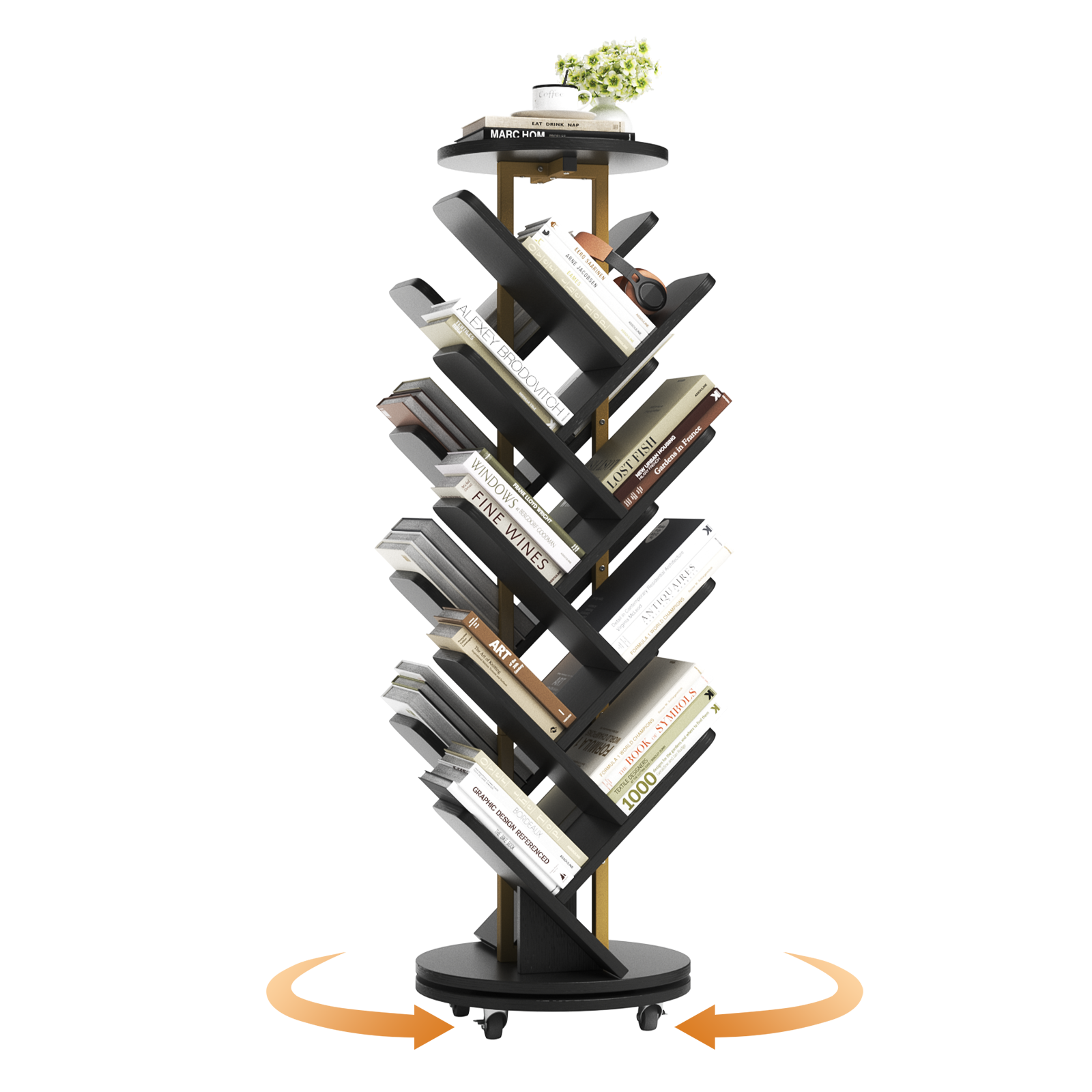 16-Tier 360° Rotating Display Tree Bookcase, Standing Storage Shelf, Book Organizer Shelves, Black