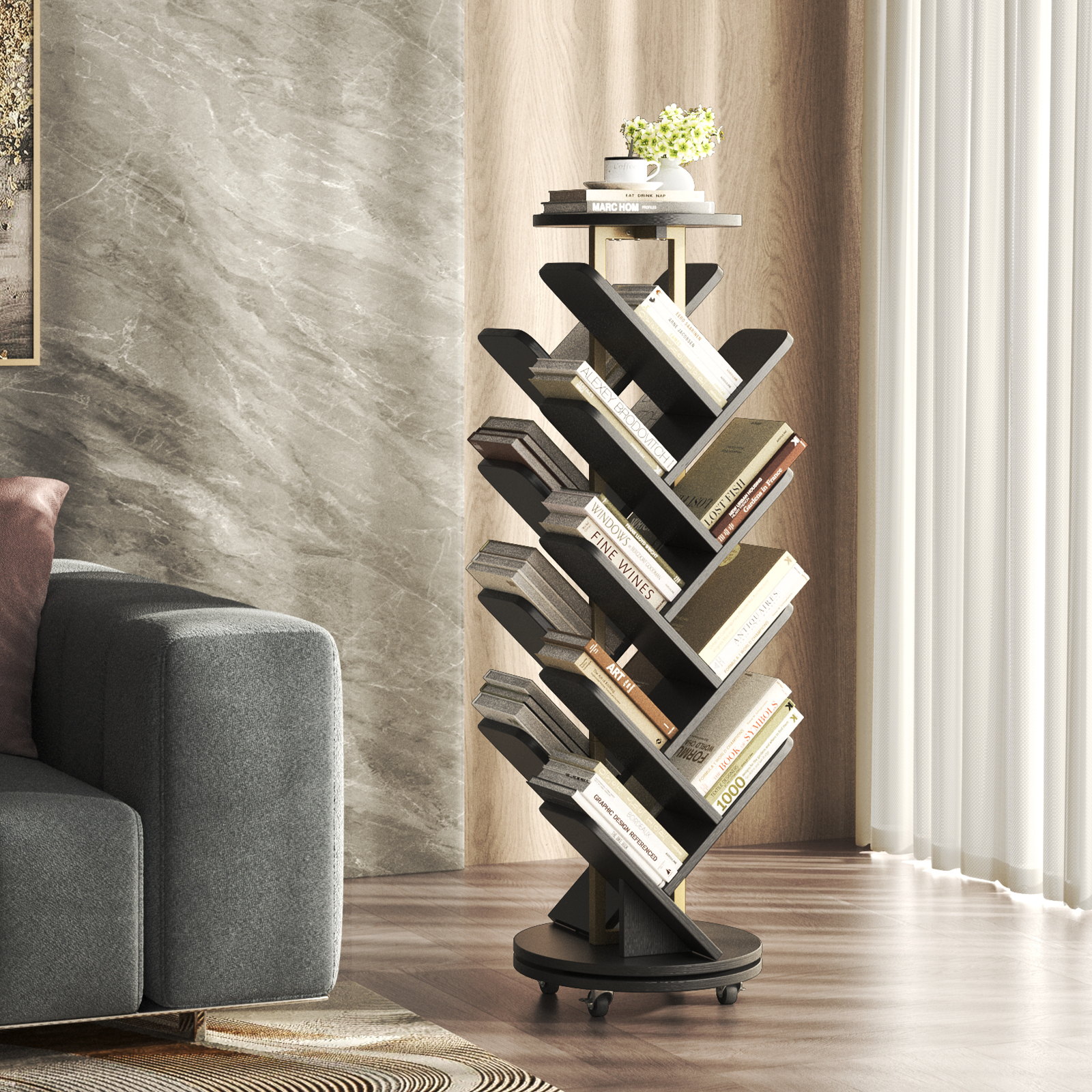 16-Tier 360° Rotating Display Tree Bookcase, Standing Storage Shelf, Book Organizer Shelves, Black