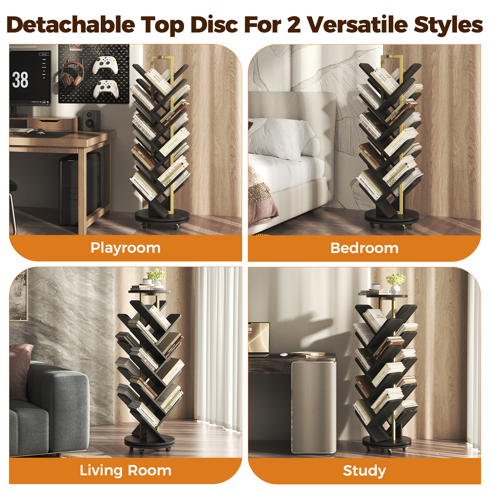 16-Tier 360° Rotating Display Tree Bookcase, Standing Storage Shelf, Book Organizer Shelves, Black