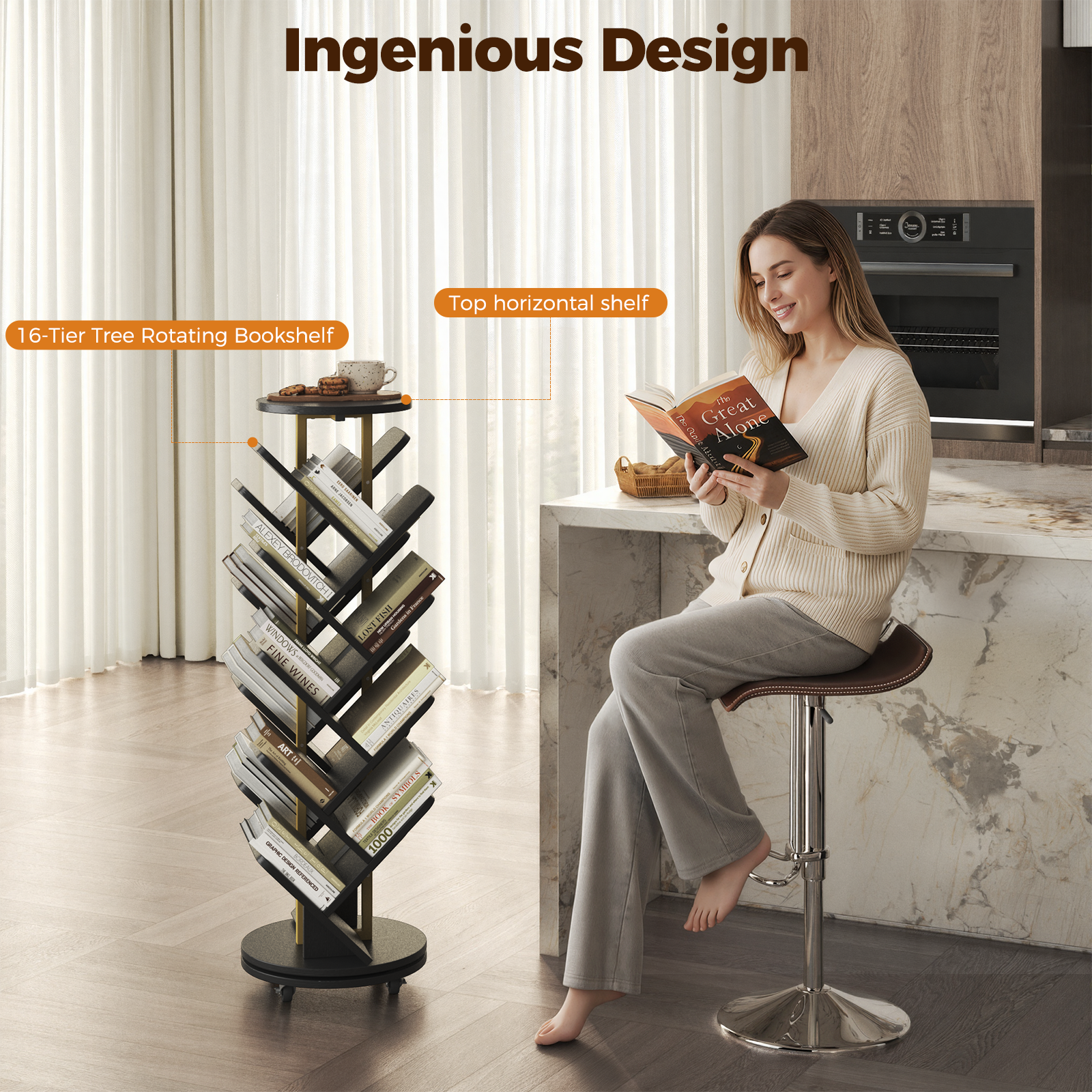 16-Tier 360° Rotating Display Tree Bookcase, Standing Storage Shelf, Book Organizer Shelves, Black