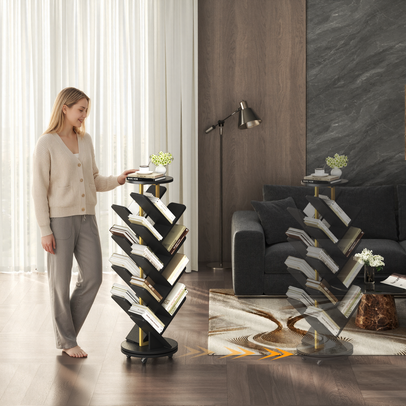 16-Tier 360° Rotating Display Tree Bookcase, Standing Storage Shelf, Book Organizer Shelves, Black