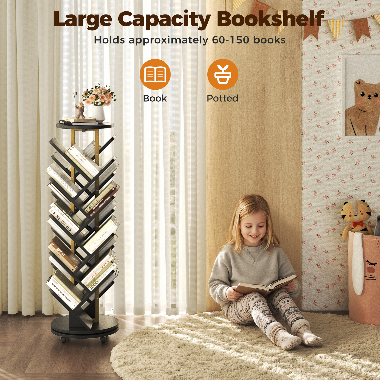 16-Tier 360° Rotating Display Tree Bookcase, Standing Storage Shelf, Book Organizer Shelves, Black