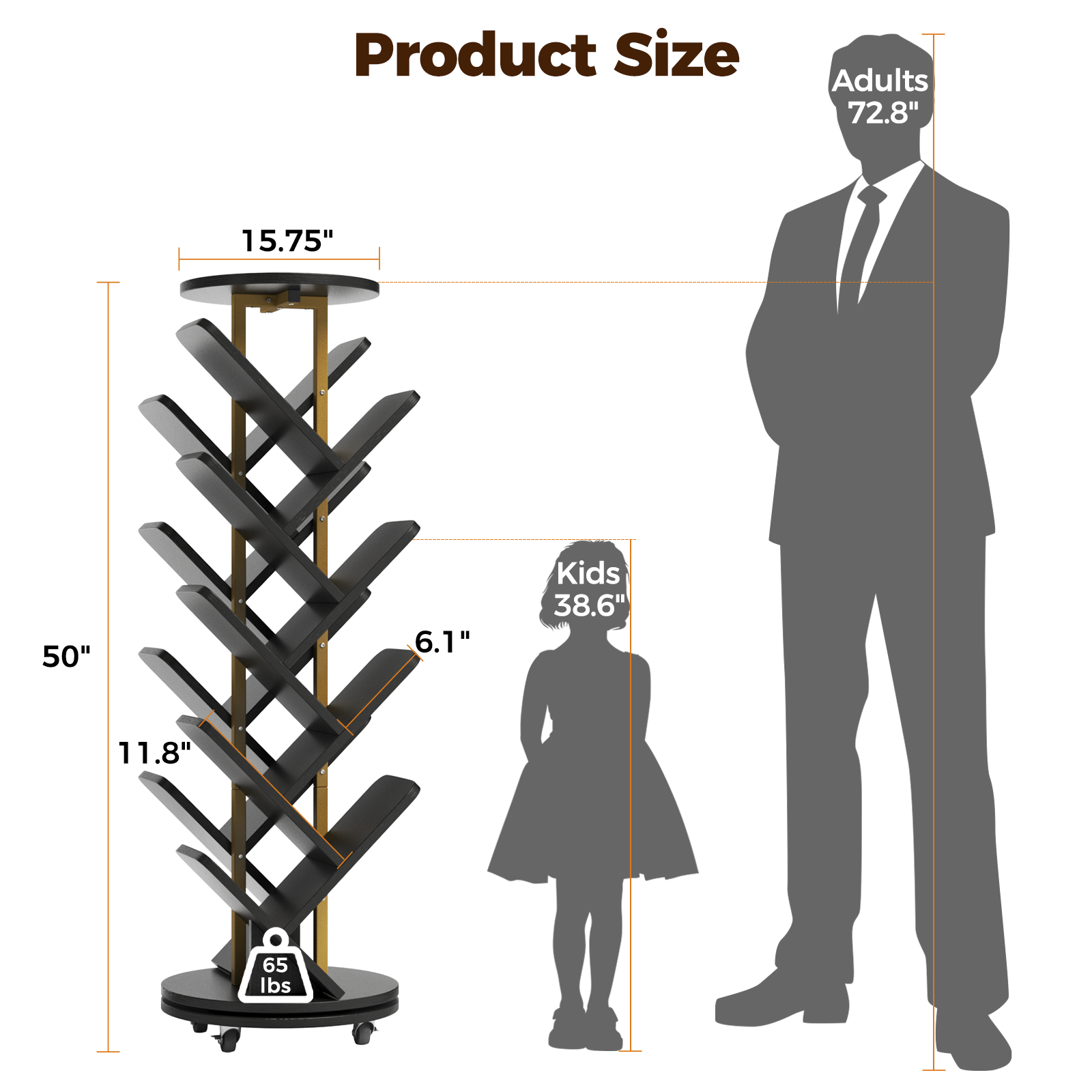 16-Tier 360° Rotating Display Tree Bookcase, Standing Storage Shelf, Book Organizer Shelves, Black