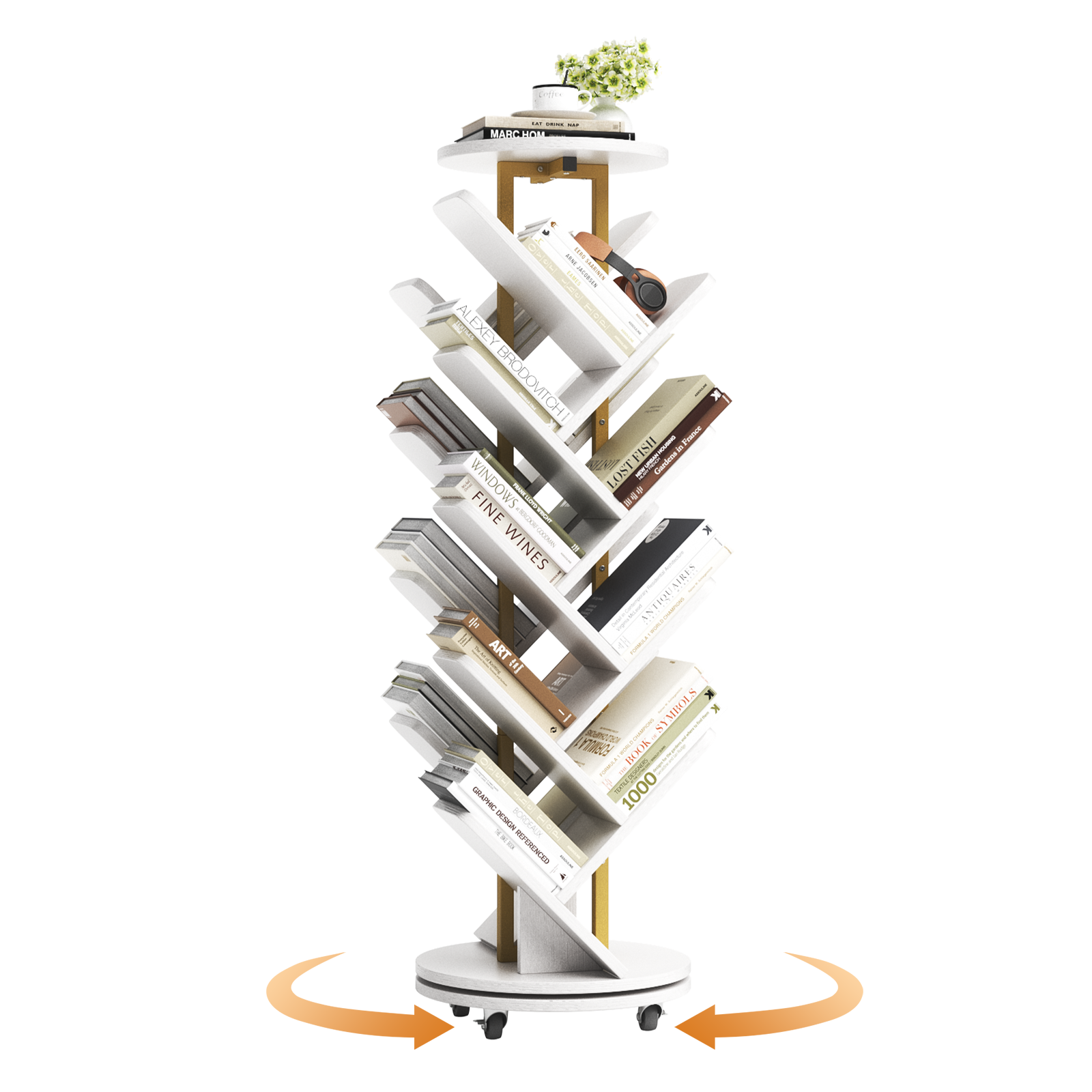 16-Tier 360° Rotating Display Tree Bookcase, Standing Storage Shelf, Book Organizer Shelves, White