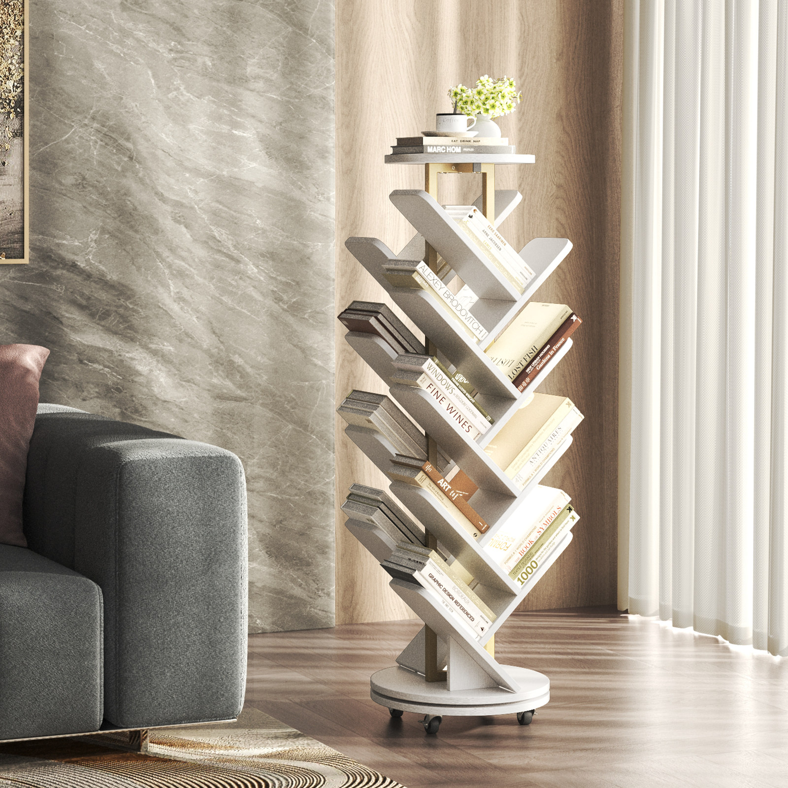 16-Tier 360° Rotating Display Tree Bookcase, Standing Storage Shelf, Book Organizer Shelves, White