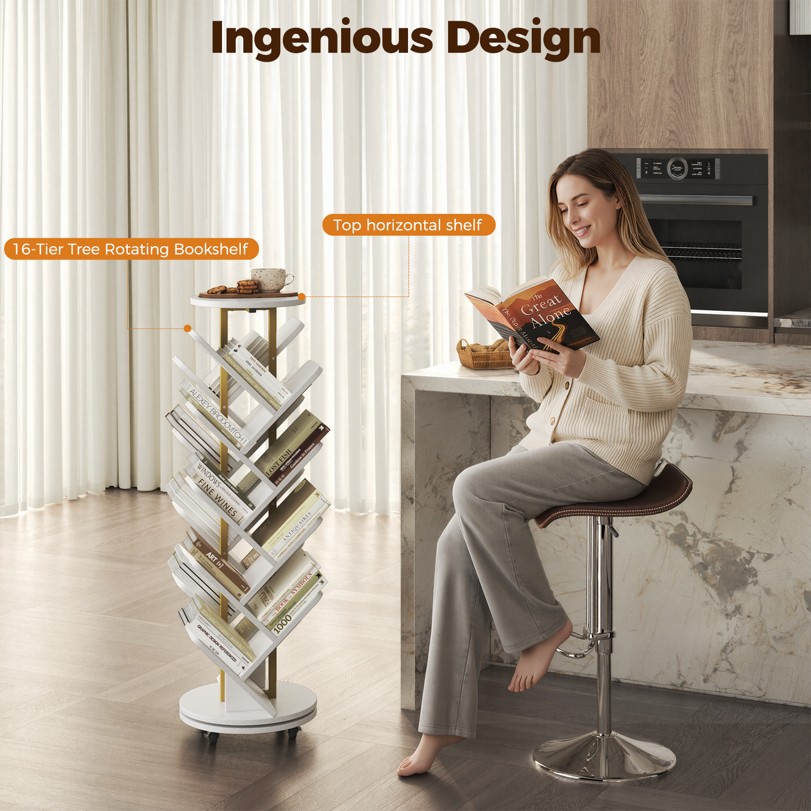 16-Tier 360° Rotating Display Tree Bookcase, Standing Storage Shelf, Book Organizer Shelves, White
