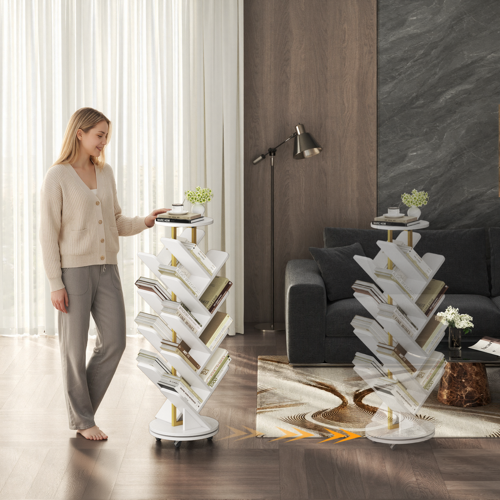 16-Tier 360° Rotating Display Tree Bookcase, Standing Storage Shelf, Book Organizer Shelves, White