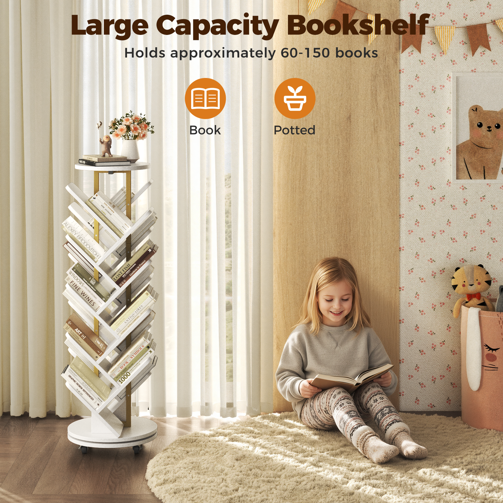 16-Tier 360° Rotating Display Tree Bookcase, Standing Storage Shelf, Book Organizer Shelves, White