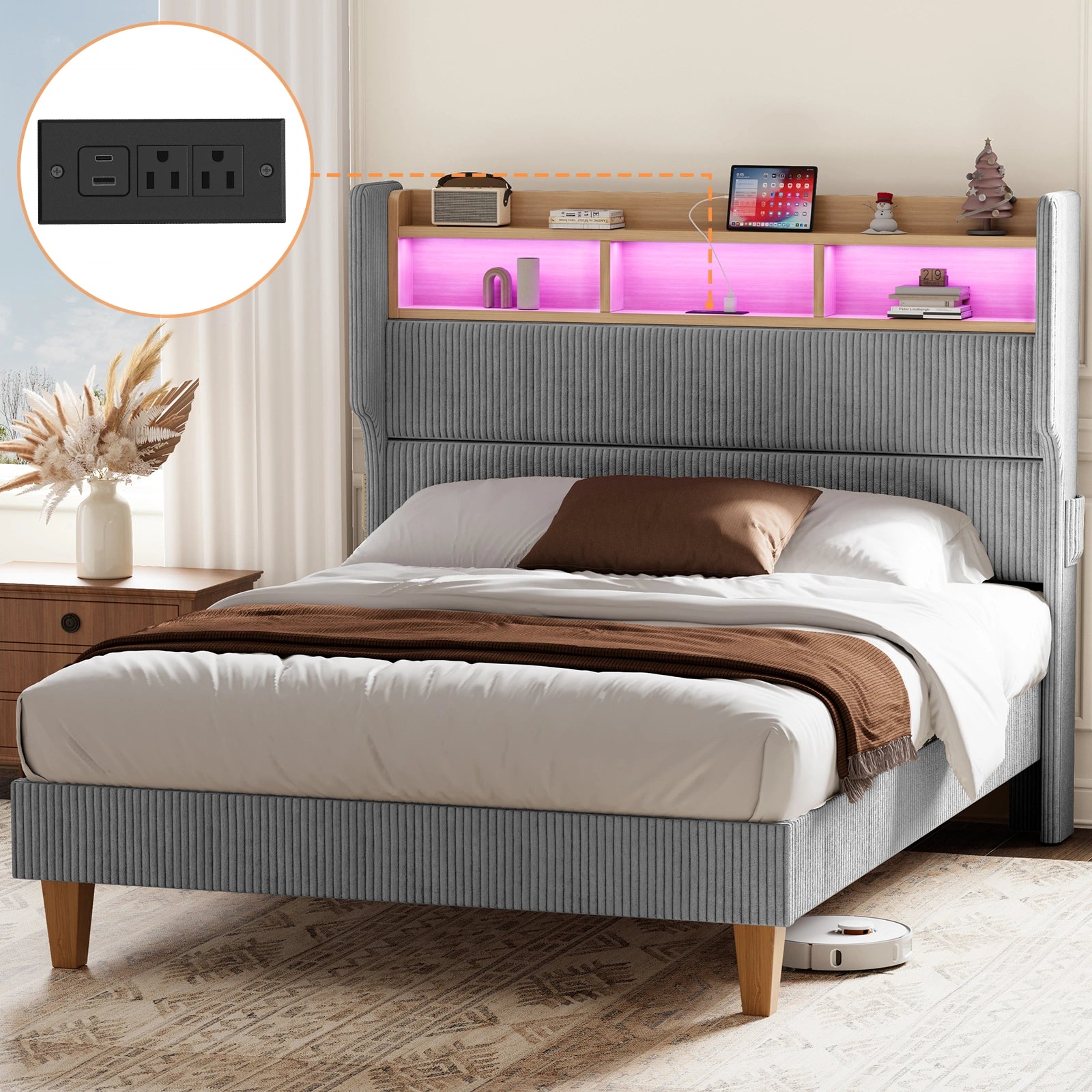 Bed Frame with 51" Tall Headboard and Storage Shelf