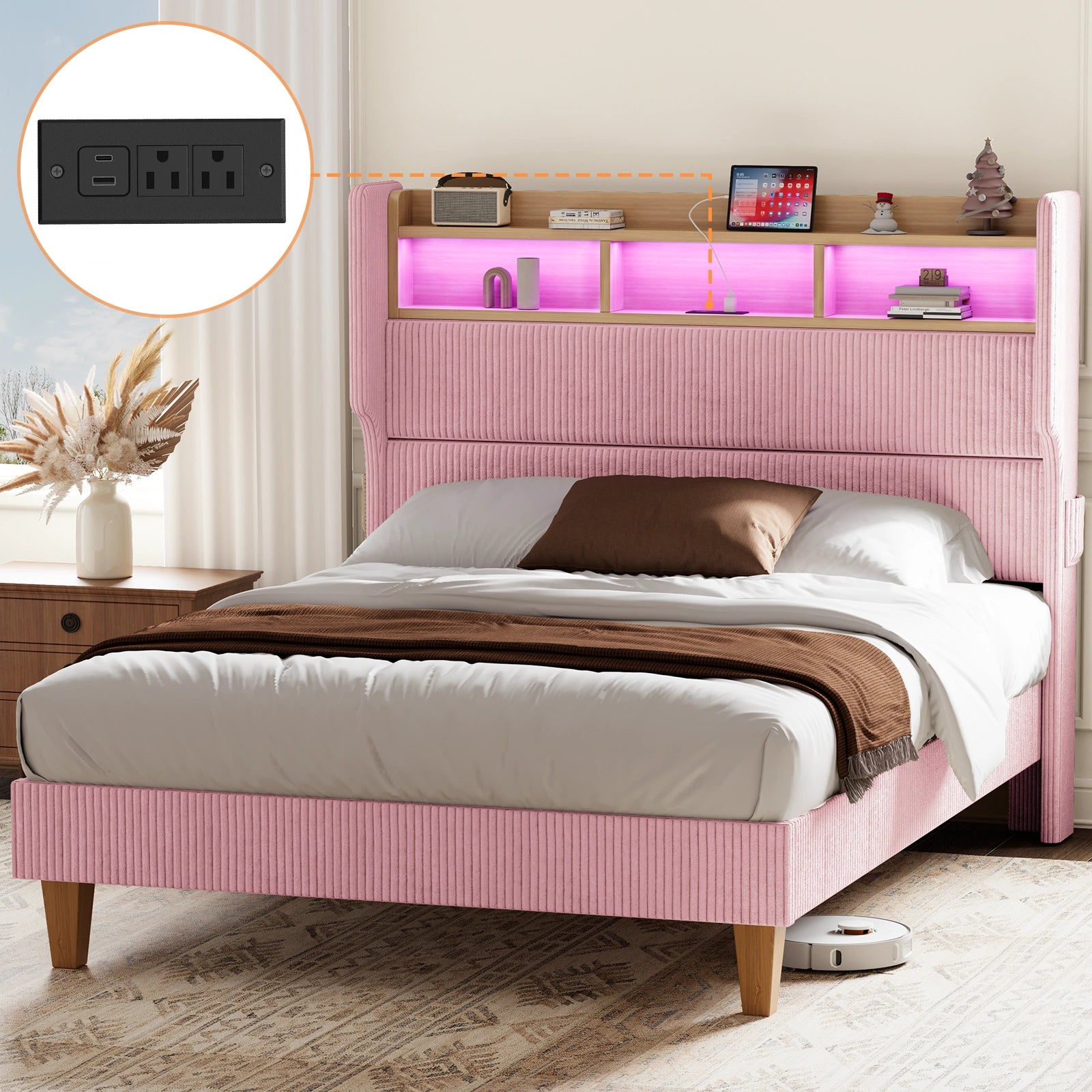 Bed Frame with 51" Tall Headboard and Storage Shelf