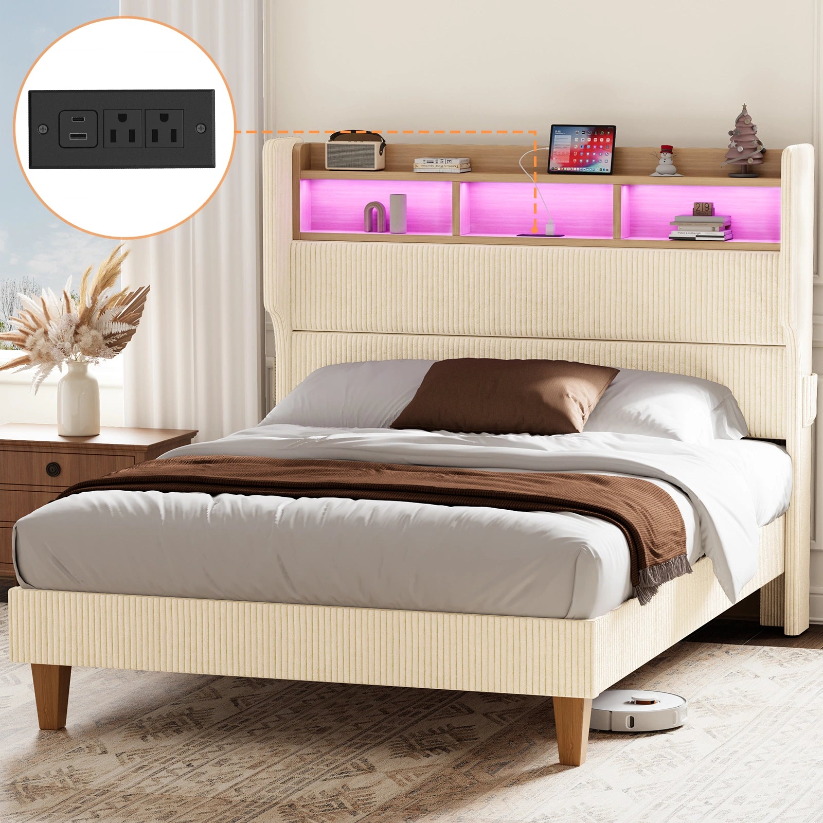 Bed Frame with 51" Tall Headboard and Storage Shelf