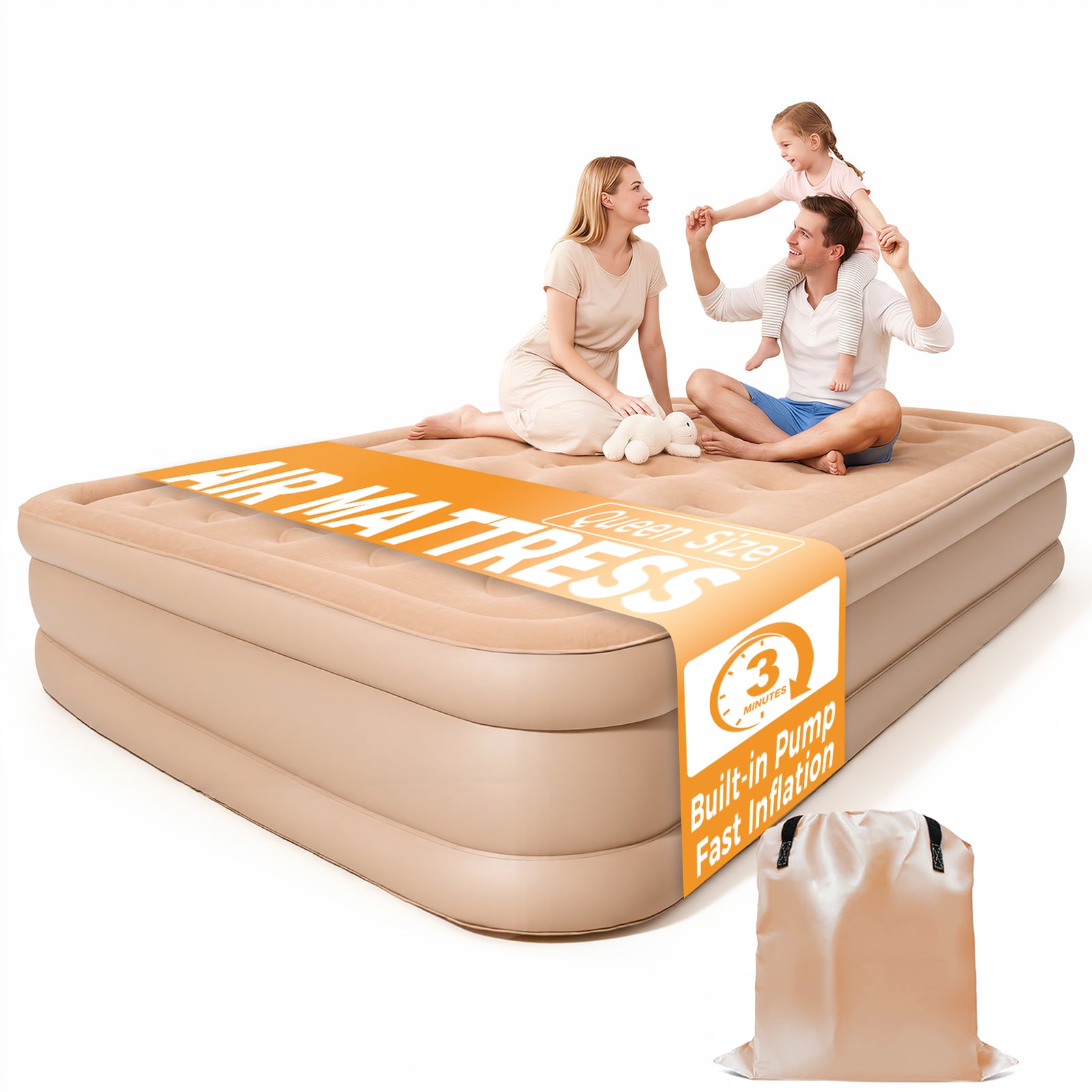 Patbrela 16" Queen Air Mattress with Built-in Pump & Light, 4000mAh Rechargeable Wireless Pump, Up to 10H Light Runtime, Quick Inflation & Deflation, Inflatable Mattress for Camping, Travel & Guests