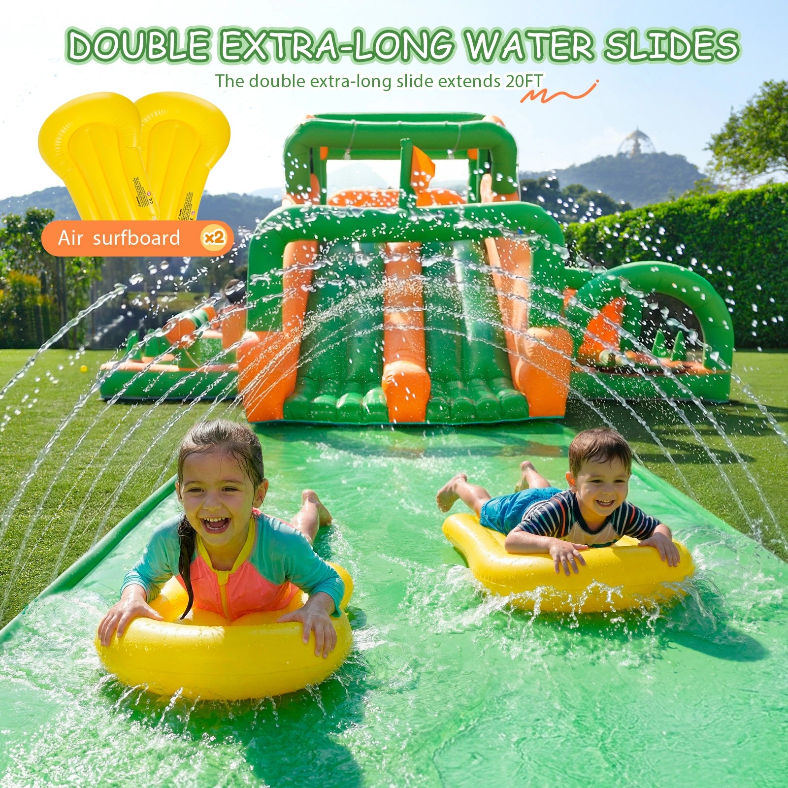 Inflatable Water Slide Bounce House, Extra Large Double Slides Bouncer Castle, 840D+420D Oxford Cloth, Whack-a-Mole, Deep Pool, Jump Area, Climbing Wall, Water Cannon, for Kids Aged 3–10 Backyard
