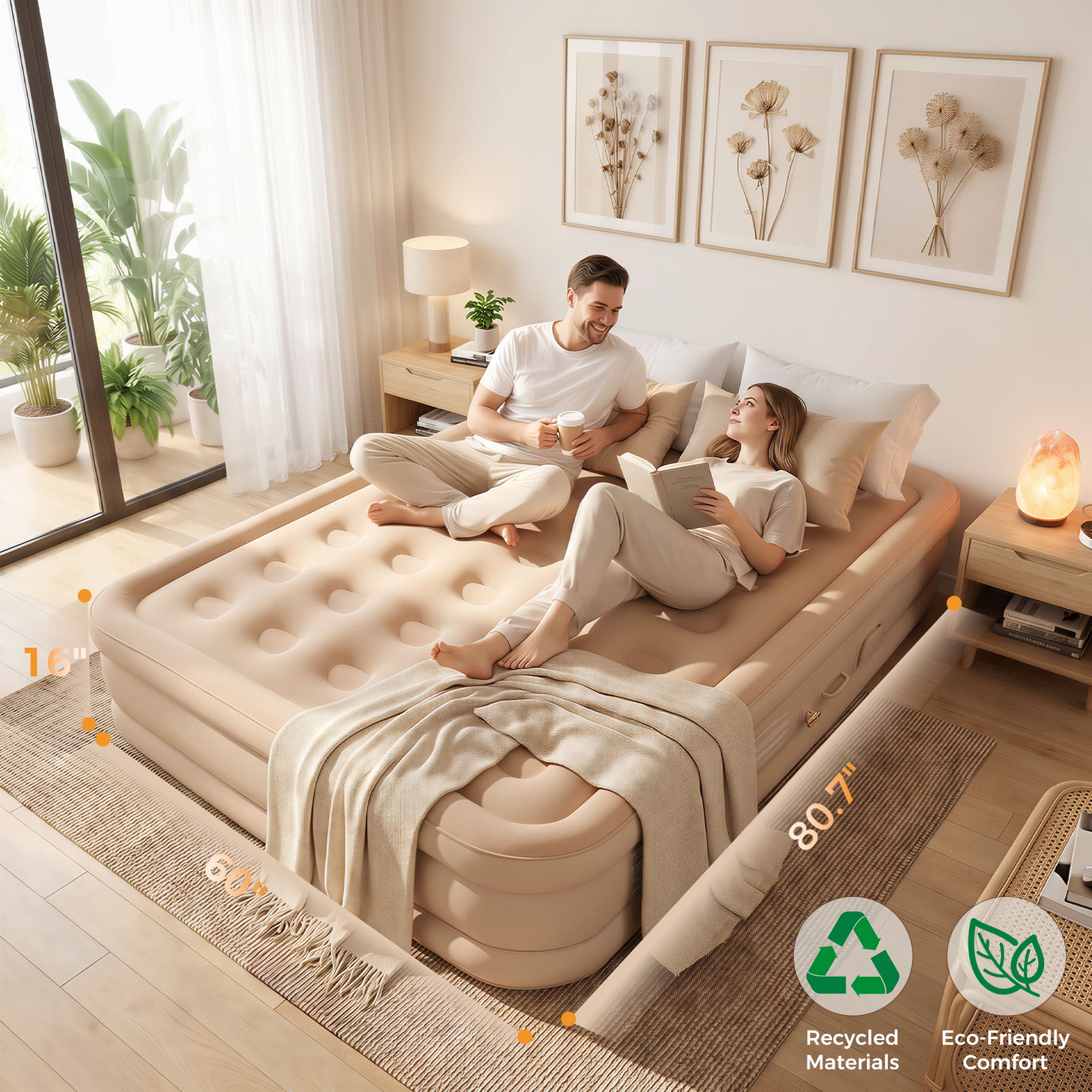 Patbrela 16" Queen Air Mattress with Built-in Pump & Light, 4000mAh Rechargeable Wireless Pump, Up to 10H Light Runtime, Quick Inflation & Deflation, Inflatable Mattress for Camping, Travel & Guests