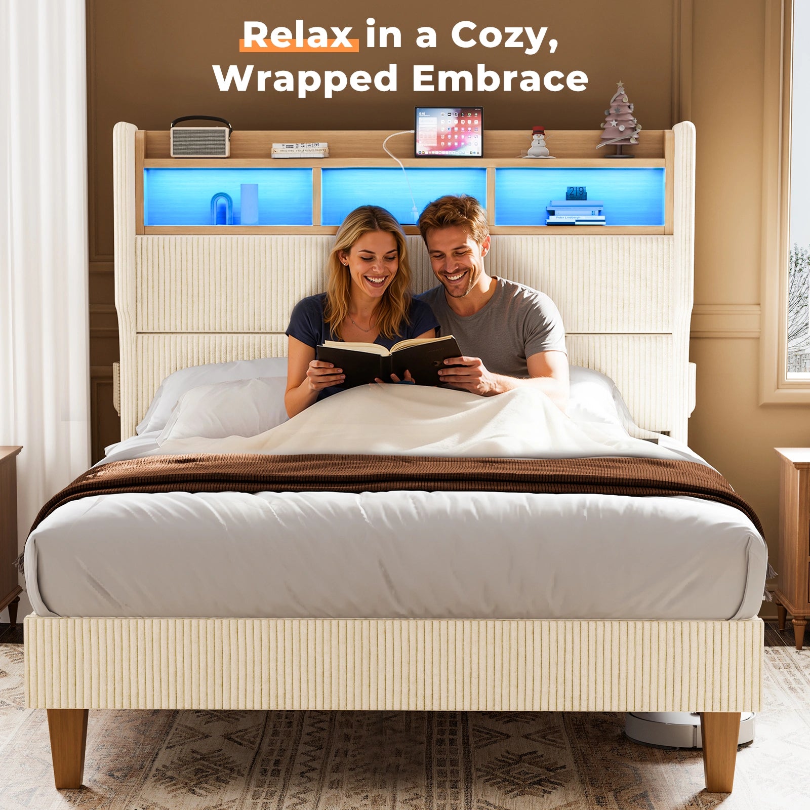 Bed Frame with 51" Tall Headboard and Storage Shelf