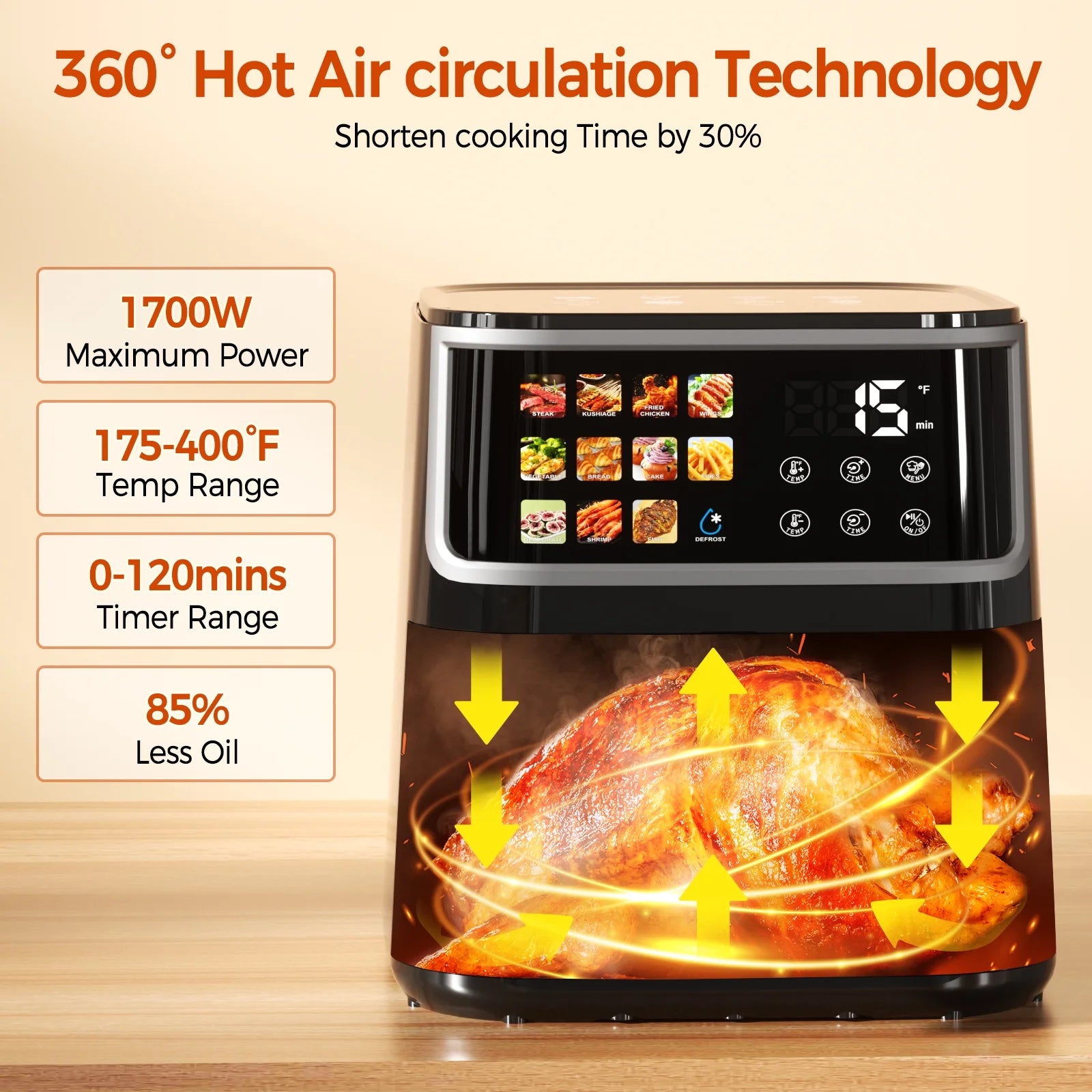 9QT Smart Air Fryer with LED Display & Easy-View Window