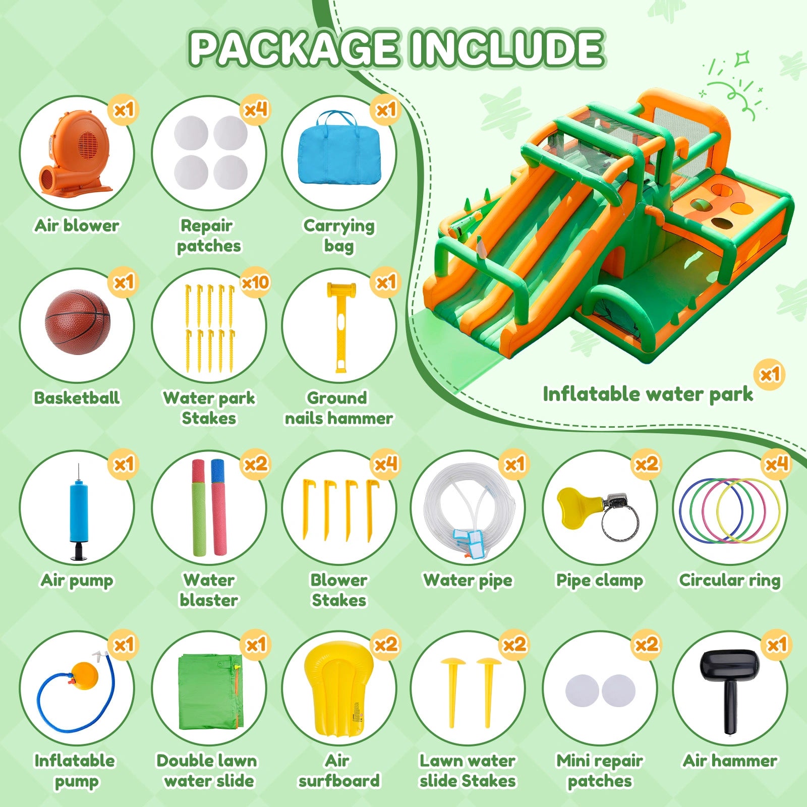 Inflatable Water Slide Bounce House, Extra Large Double Slides Bouncer Castle, 840D+420D Oxford Cloth, Whack-a-Mole, Deep Pool, Jump Area, Climbing Wall, Water Cannon, for Kids Aged 3–10 Backyard