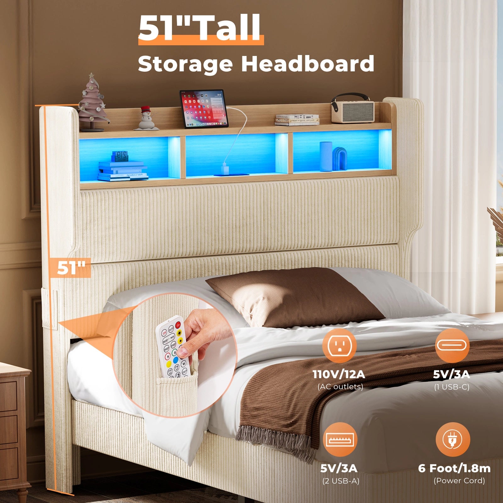 Bed Frame with 51" Tall Headboard and Storage Shelf