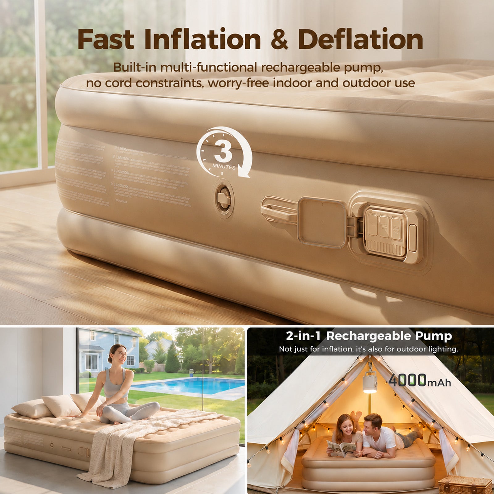 Patbrela 16" Queen Air Mattress with Built-in Pump & Light, 4000mAh Rechargeable Wireless Pump, Up to 10H Light Runtime, Quick Inflation & Deflation, Inflatable Mattress for Camping, Travel & Guests