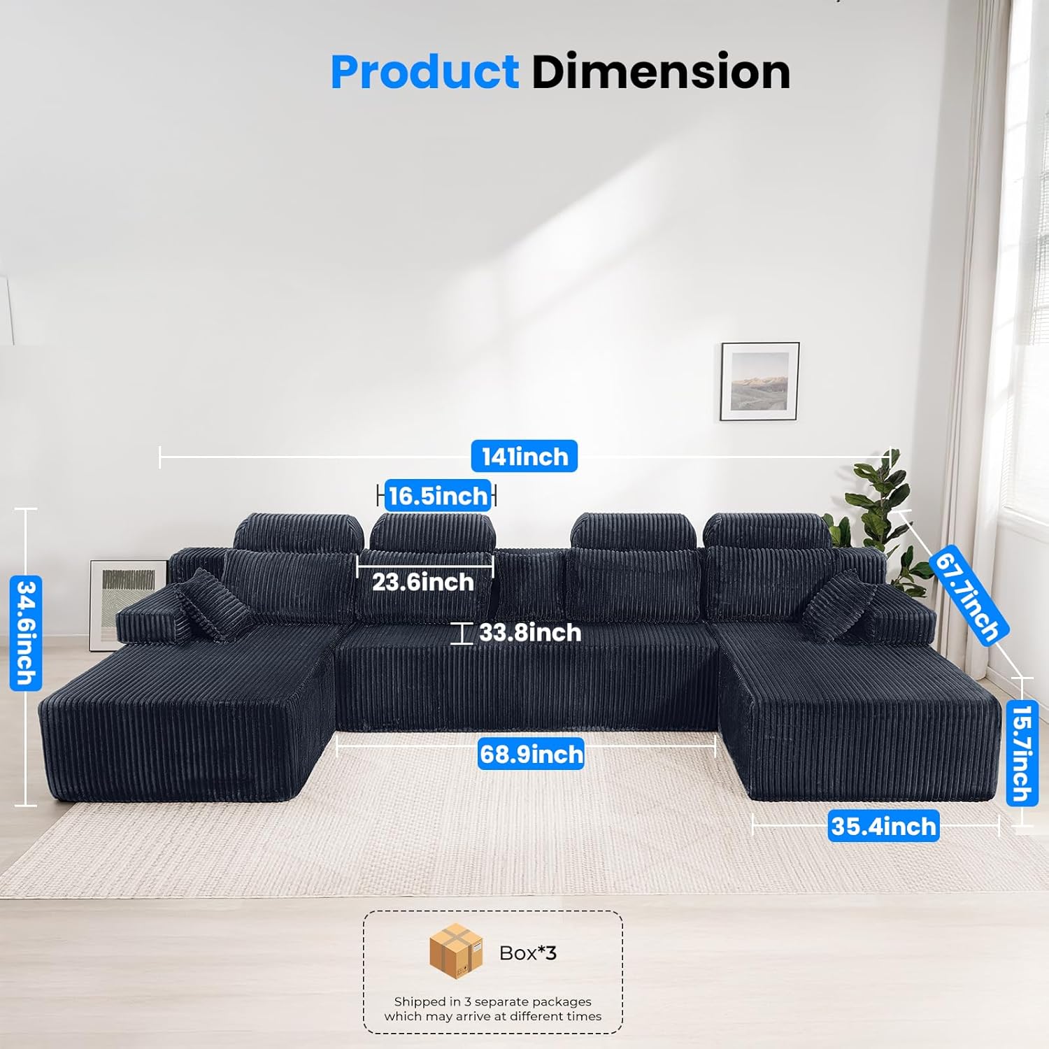 141 Inch Cloud Sectional Couch with High Backrest（U-Shaped）