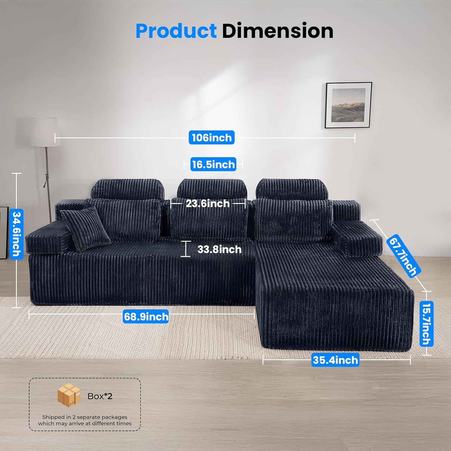 106 Inch Sectional Couch with High Backrest（L-Shape）