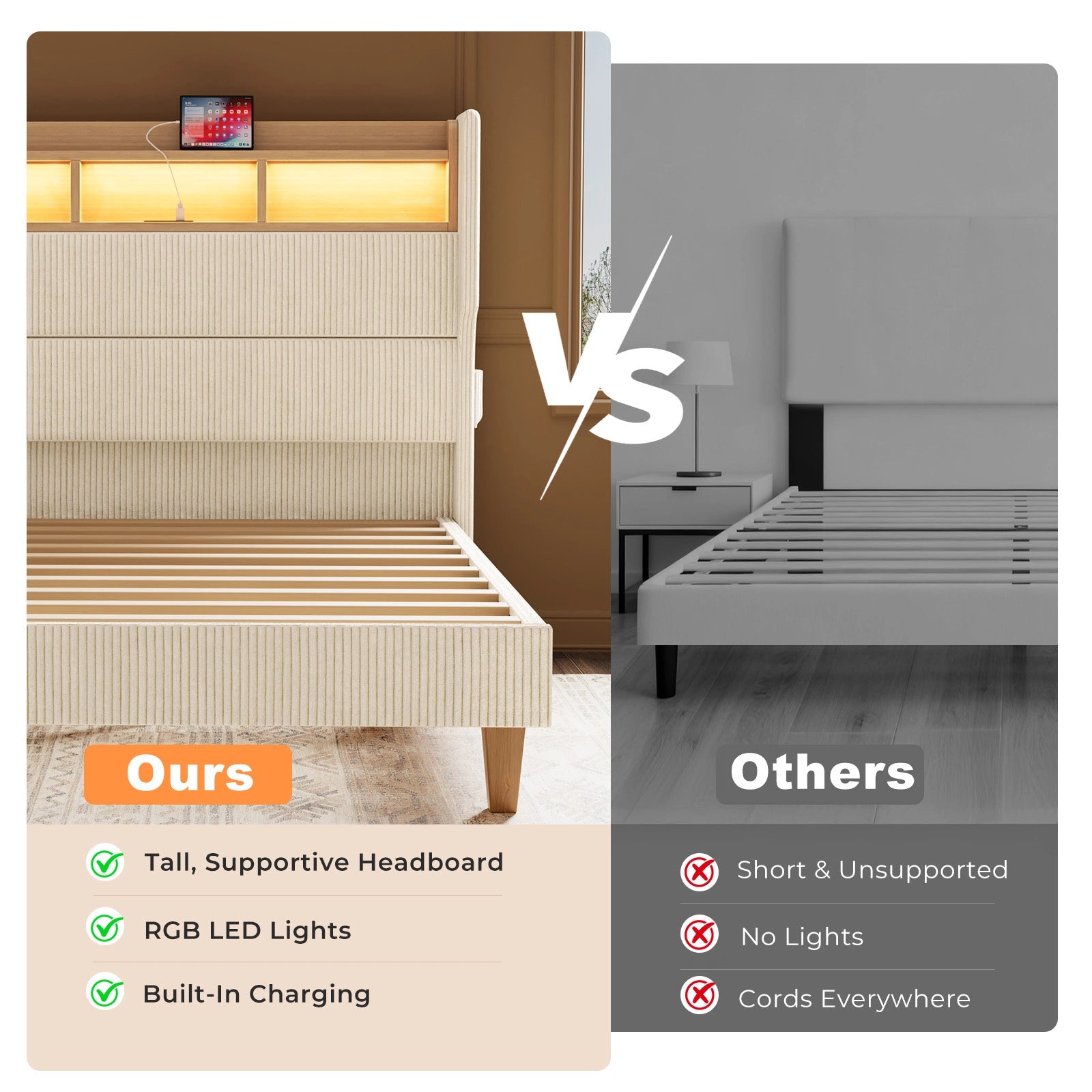 Bed Frame with 51" Tall Headboard and Storage Shelf