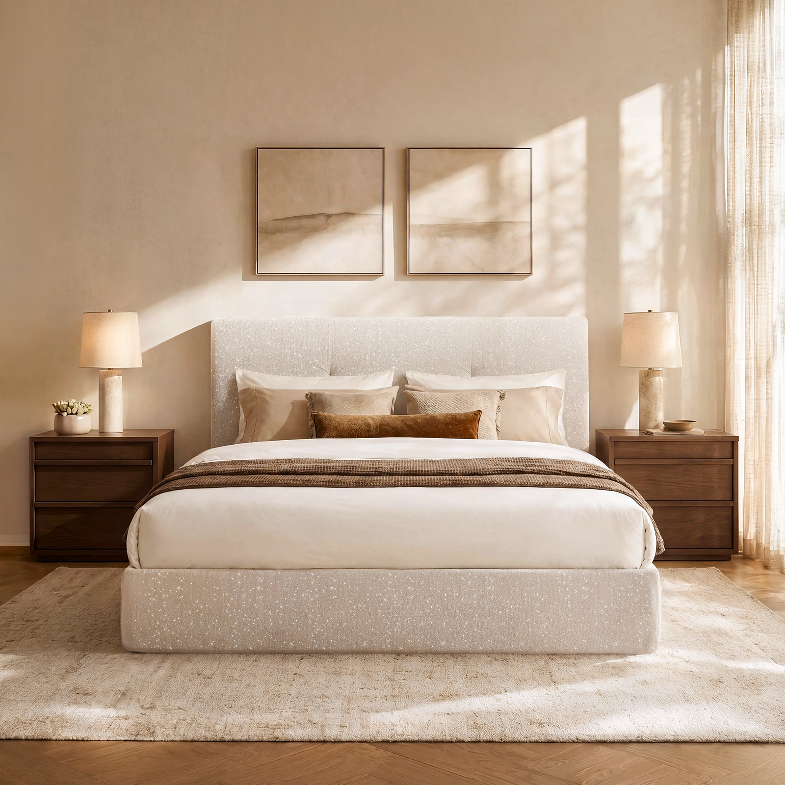 BH01 Cloud Upholstered Platform Bed Frame in Beige Chenille Fabric, Assembly-Free Foam Cushioned Floor Bed Frame with Headboard
