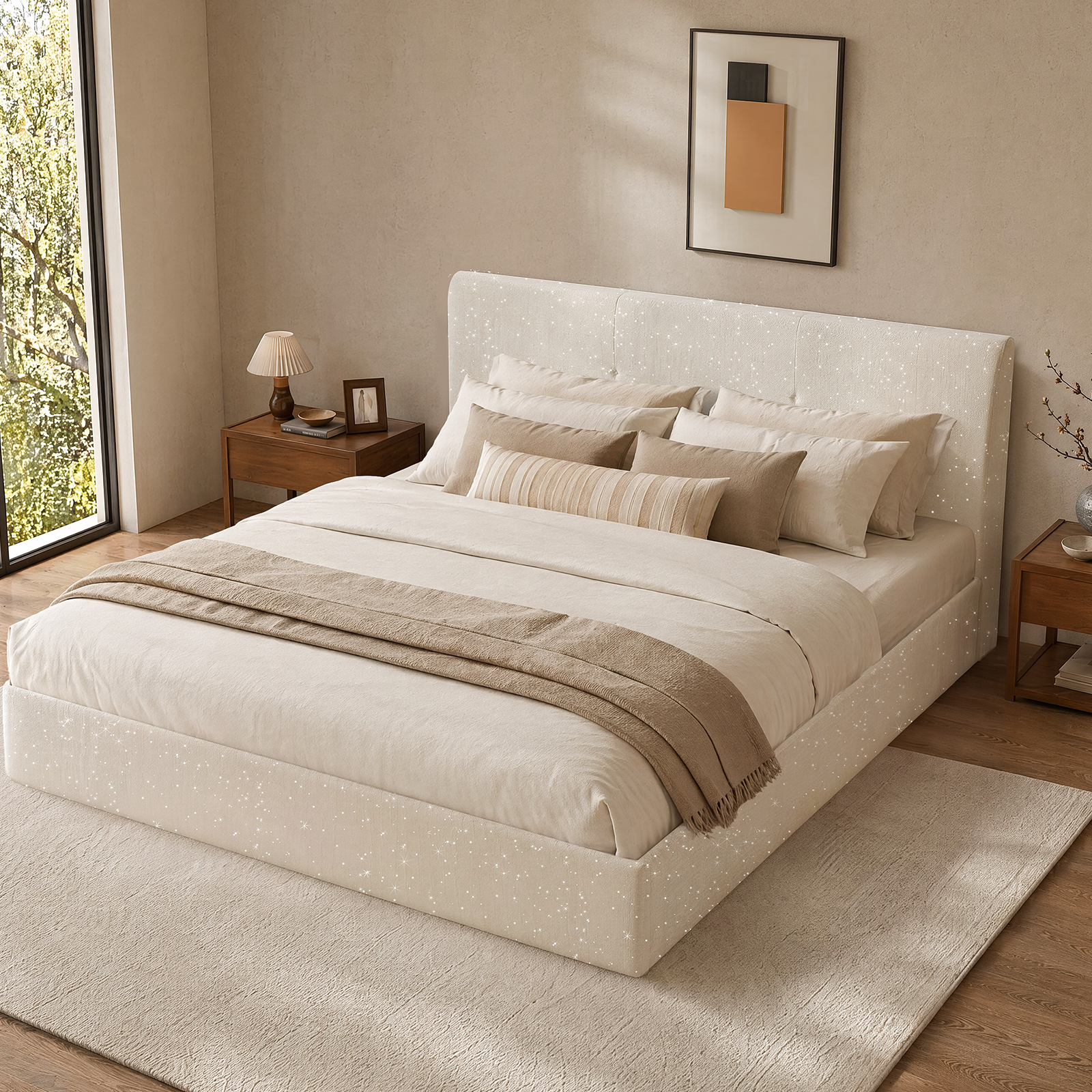 BH01 Cloud Upholstered Platform Bed Frame in Beige Chenille Fabric, Assembly-Free Foam Cushioned Floor Bed Frame with Headboard