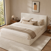 BH01 Cloud Upholstered Platform Bed Frame in Beige Chenille Fabric, Assembly-Free Foam Cushioned Floor Bed Frame with Headboard