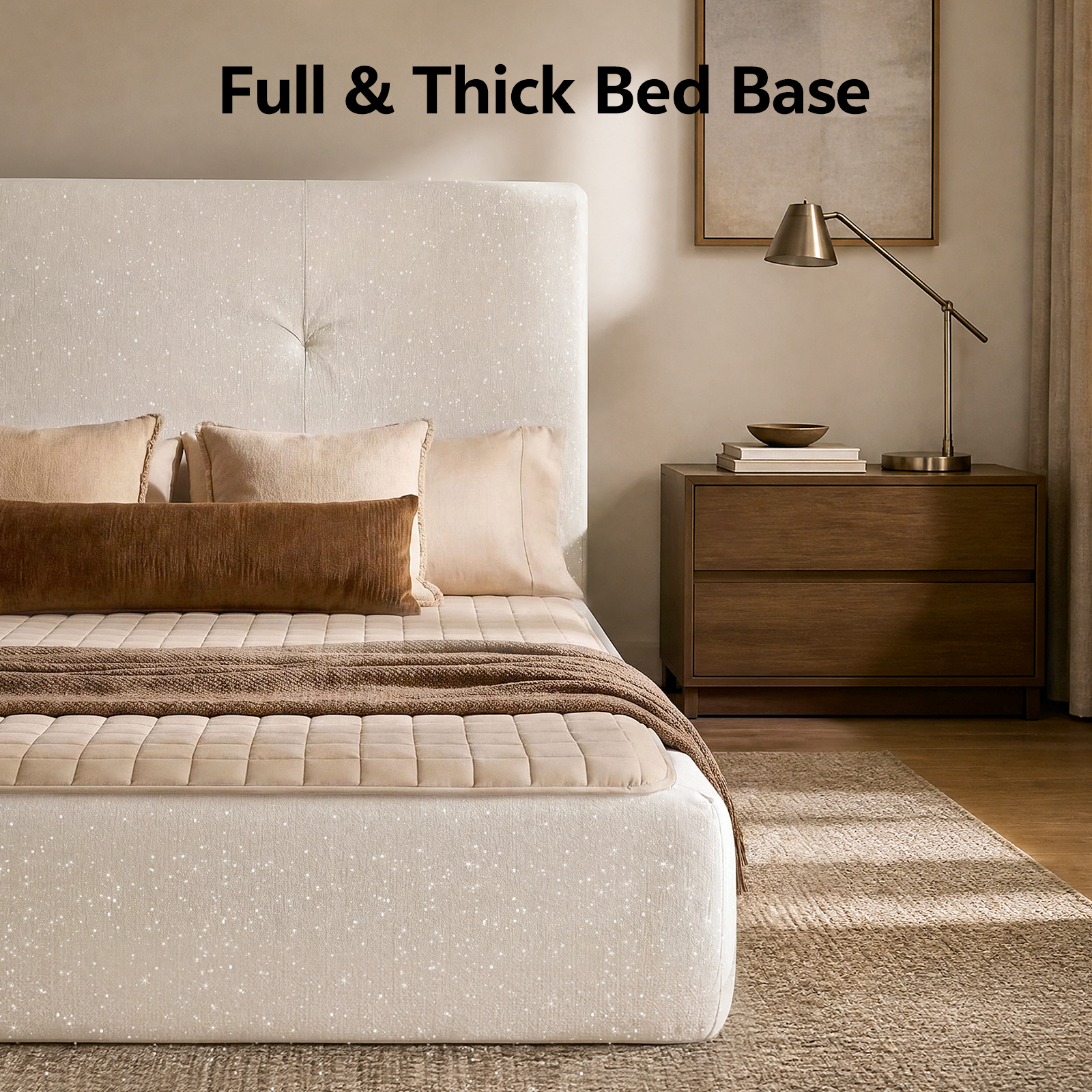 BH01 Cloud Upholstered Platform Bed Frame in Beige Chenille Fabric, Assembly-Free Foam Cushioned Floor Bed Frame with Headboard