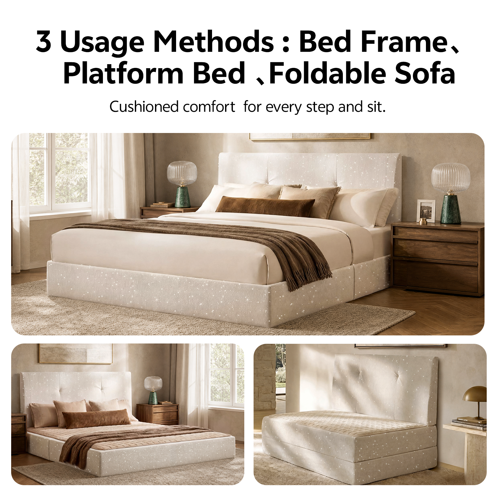 BH01 Cloud Upholstered Platform Bed Frame in Beige Chenille Fabric, Assembly-Free Foam Cushioned Floor Bed Frame with Headboard