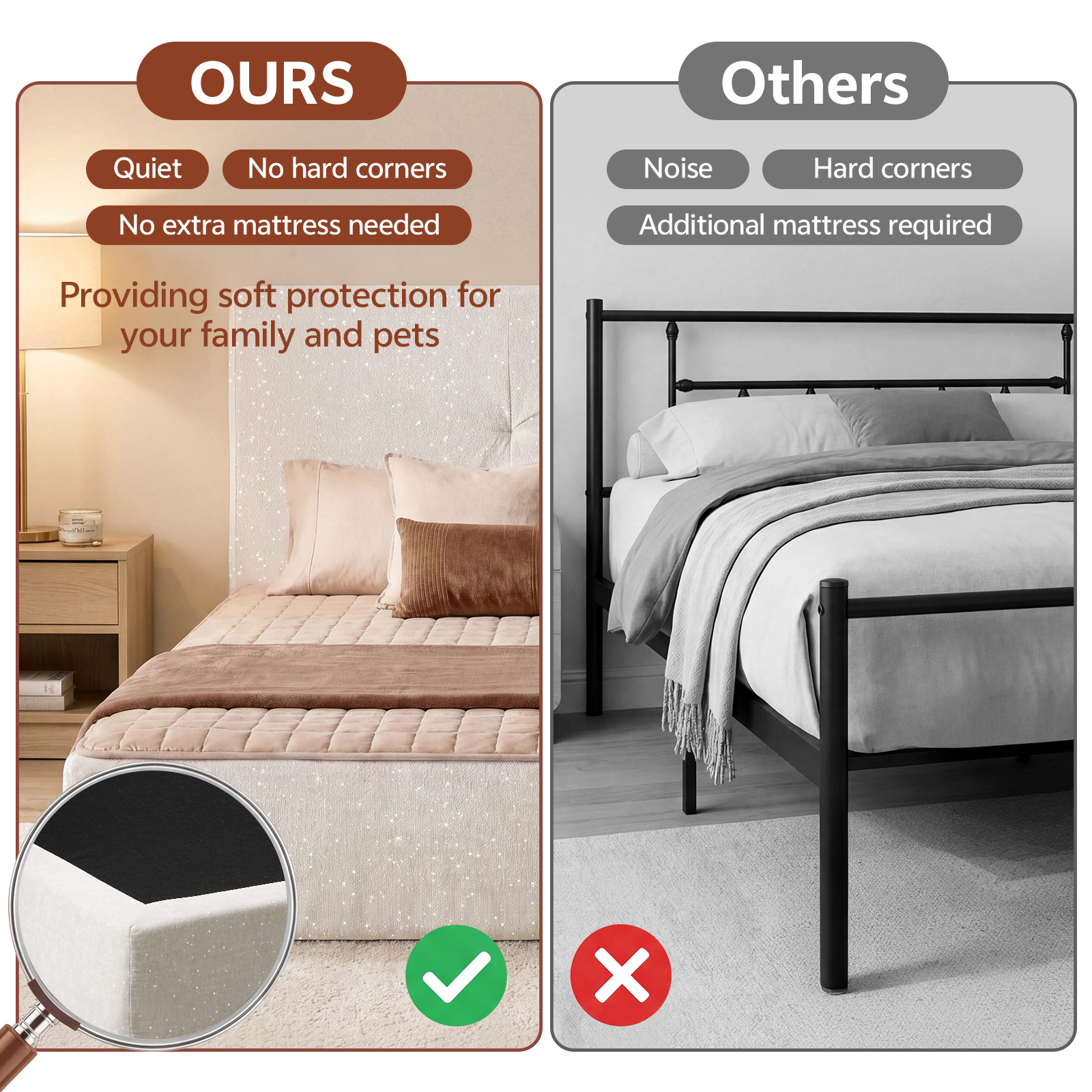 BH01 Cloud Upholstered Platform Bed Frame in Beige Chenille Fabric, Assembly-Free Foam Cushioned Floor Bed Frame with Headboard