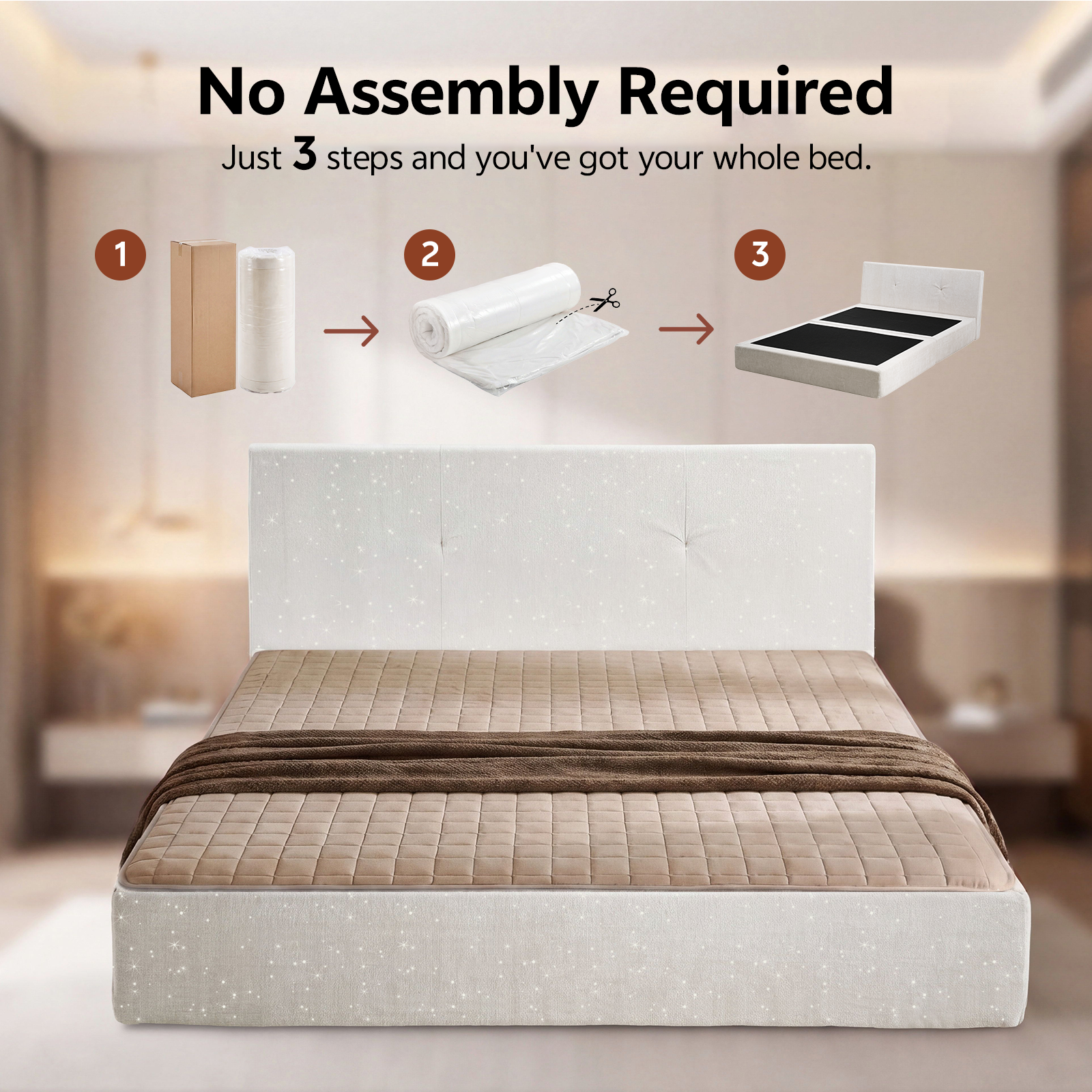 BH01 Cloud Upholstered Platform Bed Frame in Beige Chenille Fabric, Assembly-Free Foam Cushioned Floor Bed Frame with Headboard