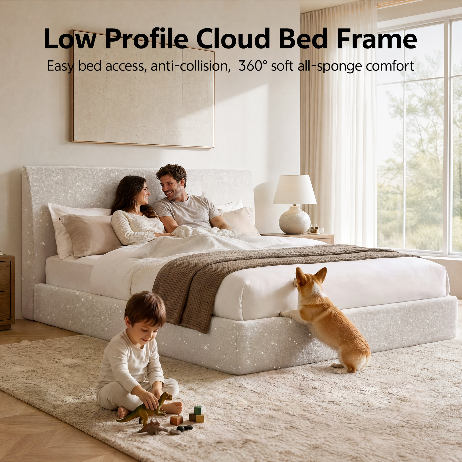BH01 Cloud Upholstered Platform Bed Frame in Beige Chenille Fabric, Assembly-Free Foam Cushioned Floor Bed Frame with Headboard