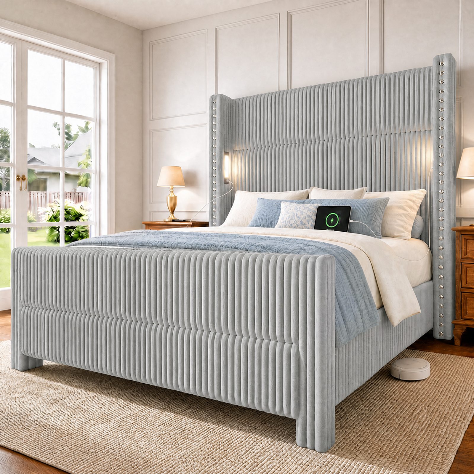 BR03 Bed Frame with 56.7" Tall Headboard & Reading Lights,Light Grey