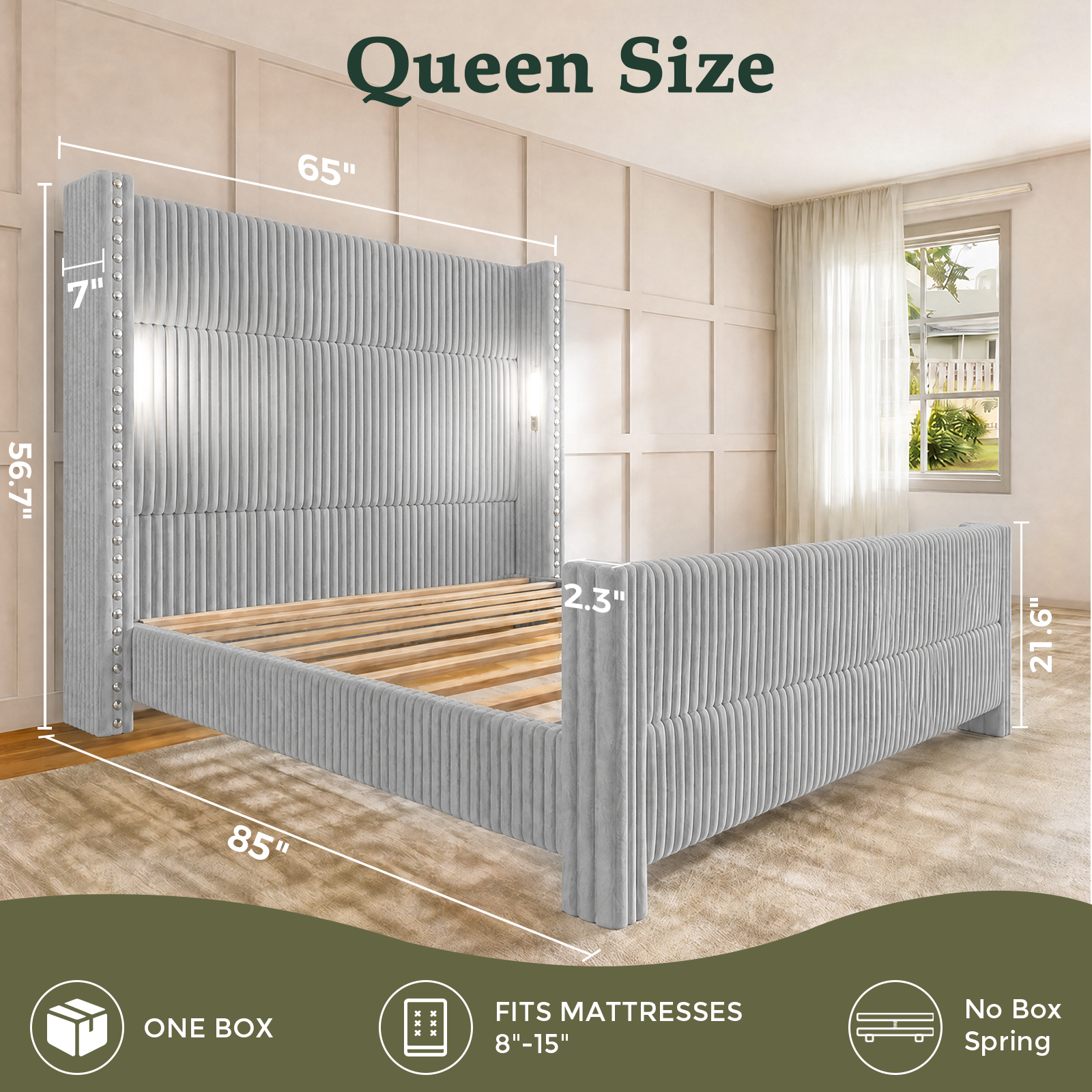 BR03 Bed Frame with 56.7" Tall Headboard & Reading Lights,Light Grey