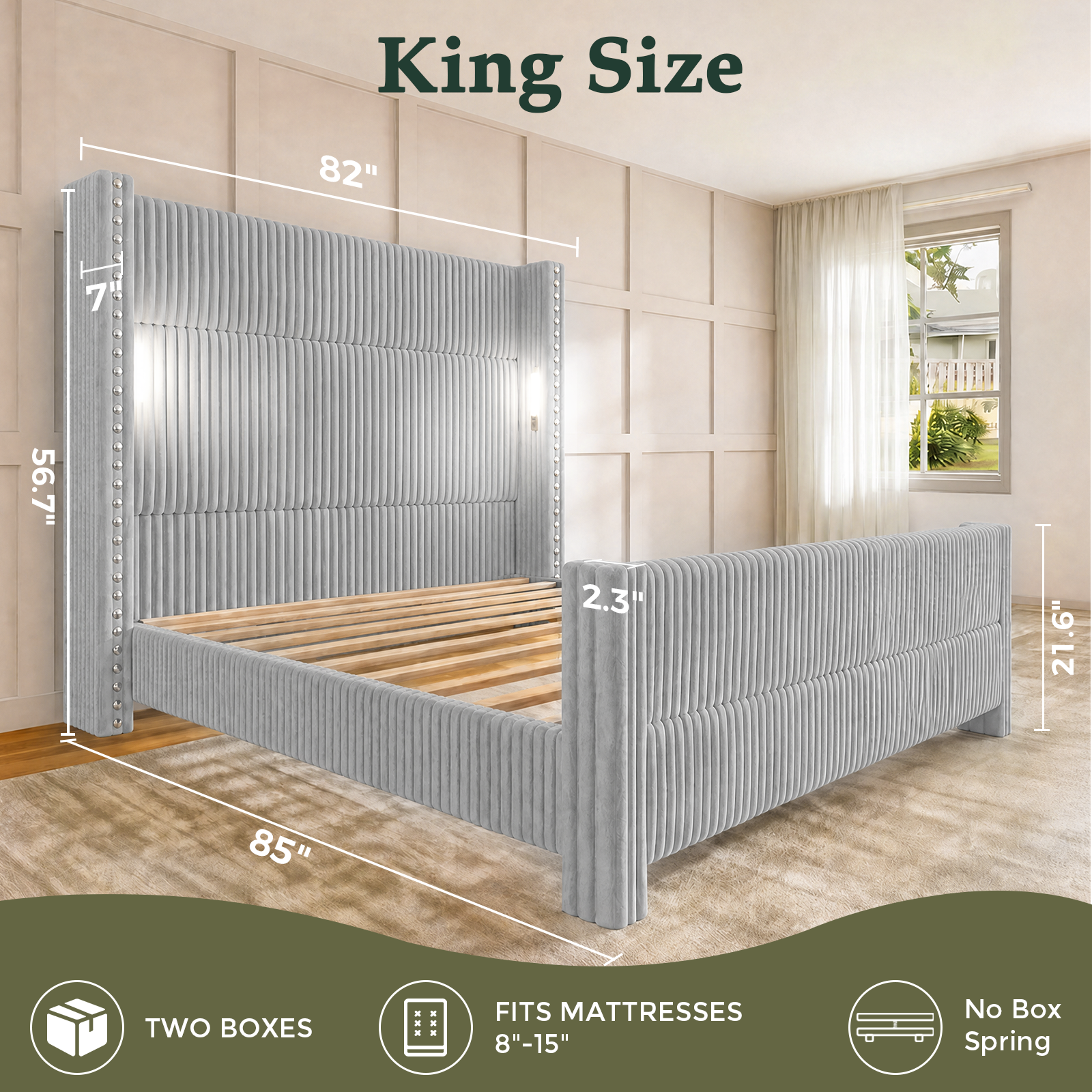 BR03 Bed Frame with 56.7" Tall Headboard & Reading Lights,Light Grey