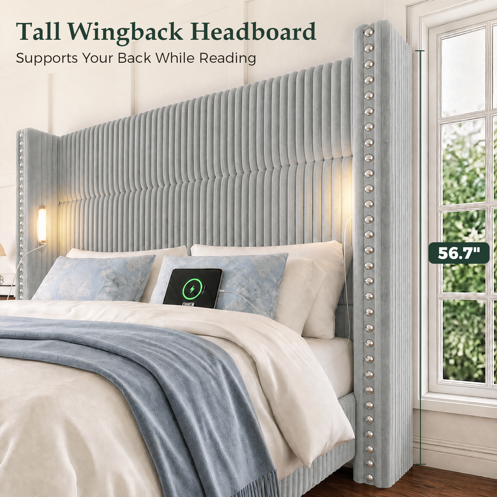 BR03 Bed Frame with 56.7" Tall Headboard & Reading Lights,Light Grey